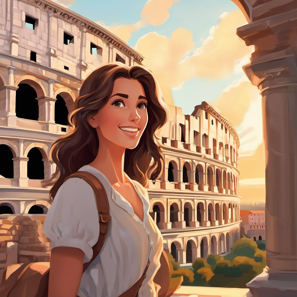 Brown hair, bright eyes, full of curiosity and excitement stands in front of the Colosseum, smiling as she takes in its magnificent architecture. In another scene, she stands in awe, looking up at the towering statue of Towering statue by Michelangelo, made of white marble in the Galleria dell'Accademia.
