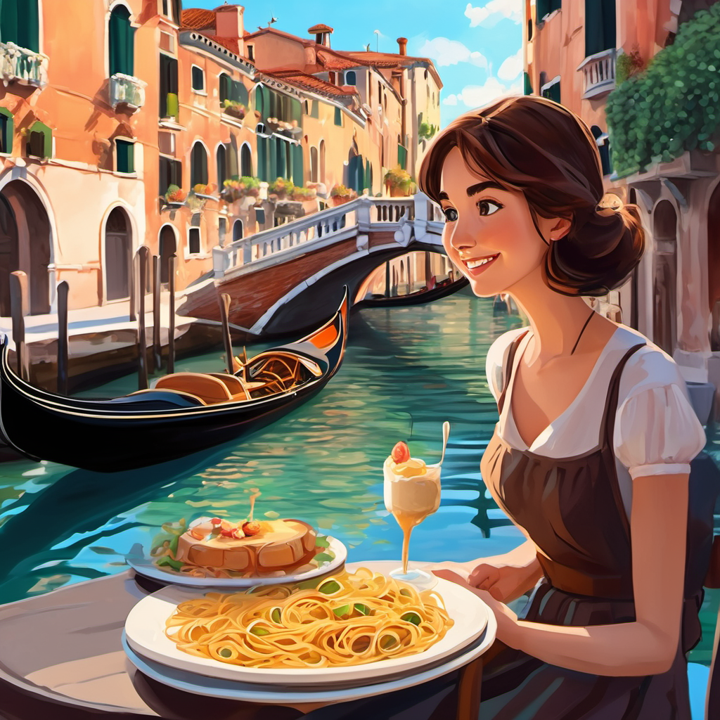 Brown hair, bright eyes, full of curiosity and excitement stands on a picturesque bridge in Venice, watching gondolas pass under the arched canal. In another scene, she sits at a cozy outdoor cafe, enjoying a plate of pasta and a scoop of gelato.
