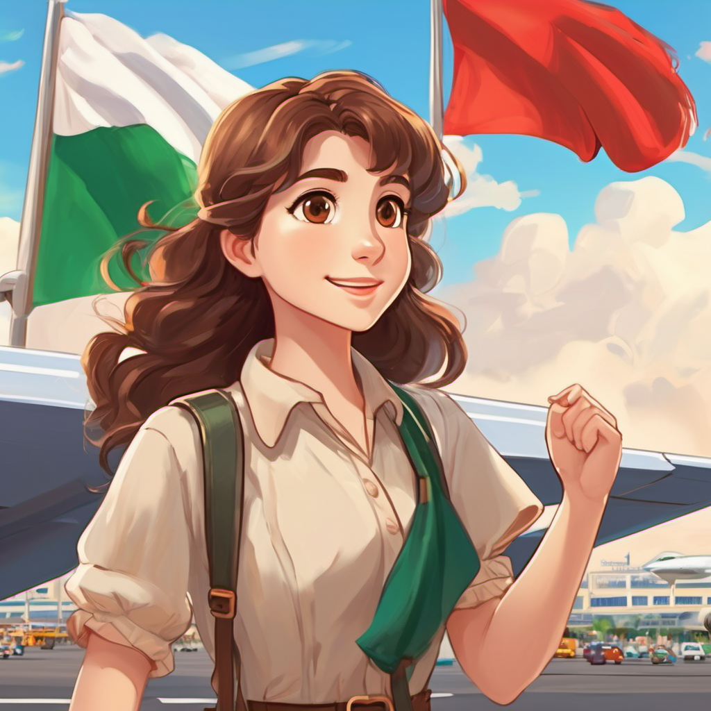 Brown hair, bright eyes, full of curiosity and excitement stands at an airport, waving goodbye to Italy. In the background, there are flags of both Italy and her home country fluttering in the breeze.