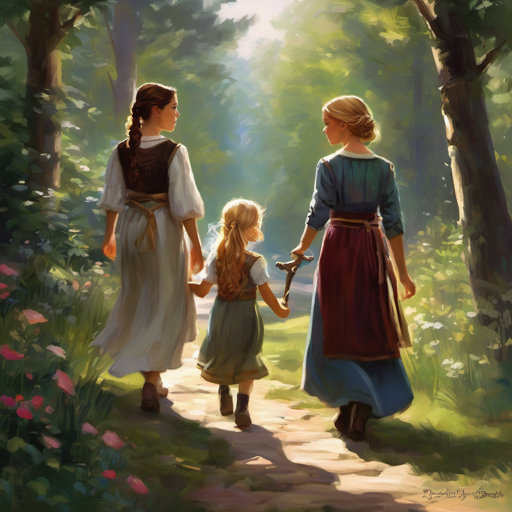 Curiosity and determination flickered in the girls' eyes as they absorbed every word. Seraphina explained that true friendship had a magical potency that could overcome the forces of evil. Empowered by their connection, Lily and Rose could change the course of their village's fate. United by their love and friendship, the girls set out to confront the witcher, striding hand in hand towards the ominous woods. Their hearts were filled with a burning desire to banish the darkness that had plagued their village for far too long.