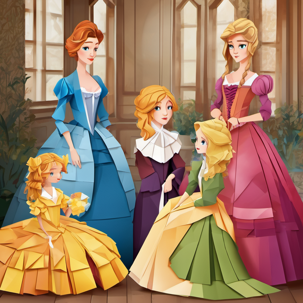 Golden hair, kind blue eyes, fair skin, wearing ragged clothes looking sad as her stepmother and stepsisters prepare for the ball.