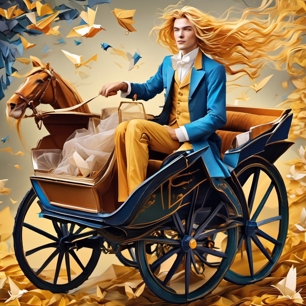 Golden hair, kind blue eyes, fair skin, wearing ragged clothes stepping into the carriage, looking amazed and excited.