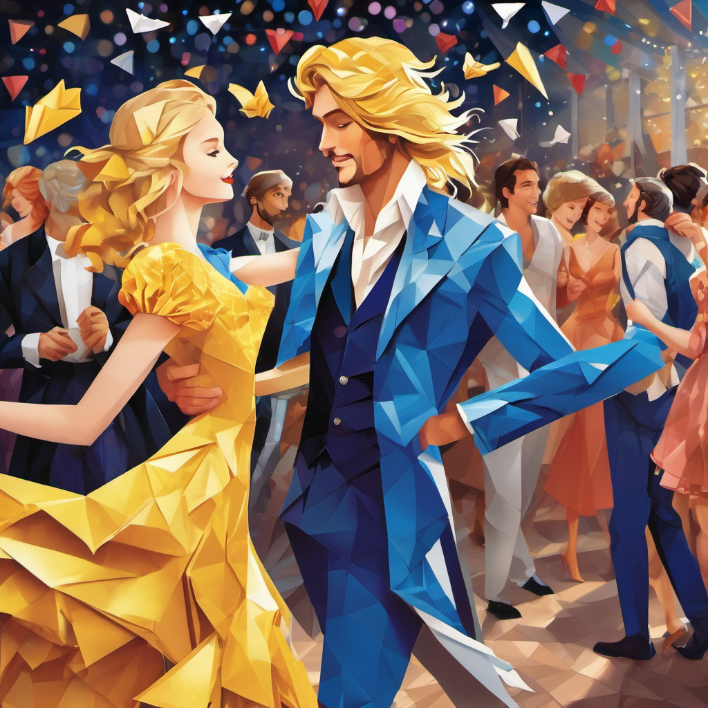 Golden hair, kind blue eyes, fair skin, wearing ragged clothes dancing with the Prince while other party-goers watch.