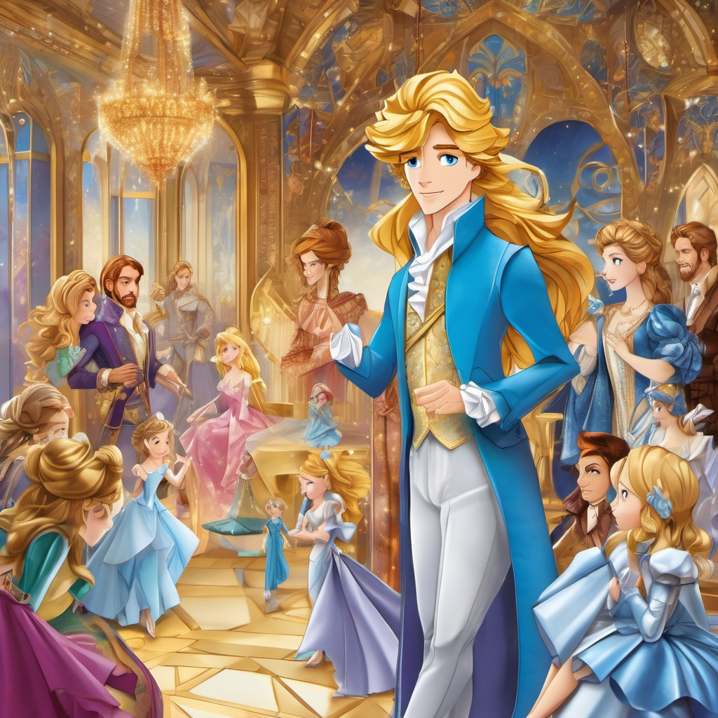 Golden hair, kind blue eyes, fair skin, wearing ragged clothes trying the glass slipper while Prince and others watch in amazement.