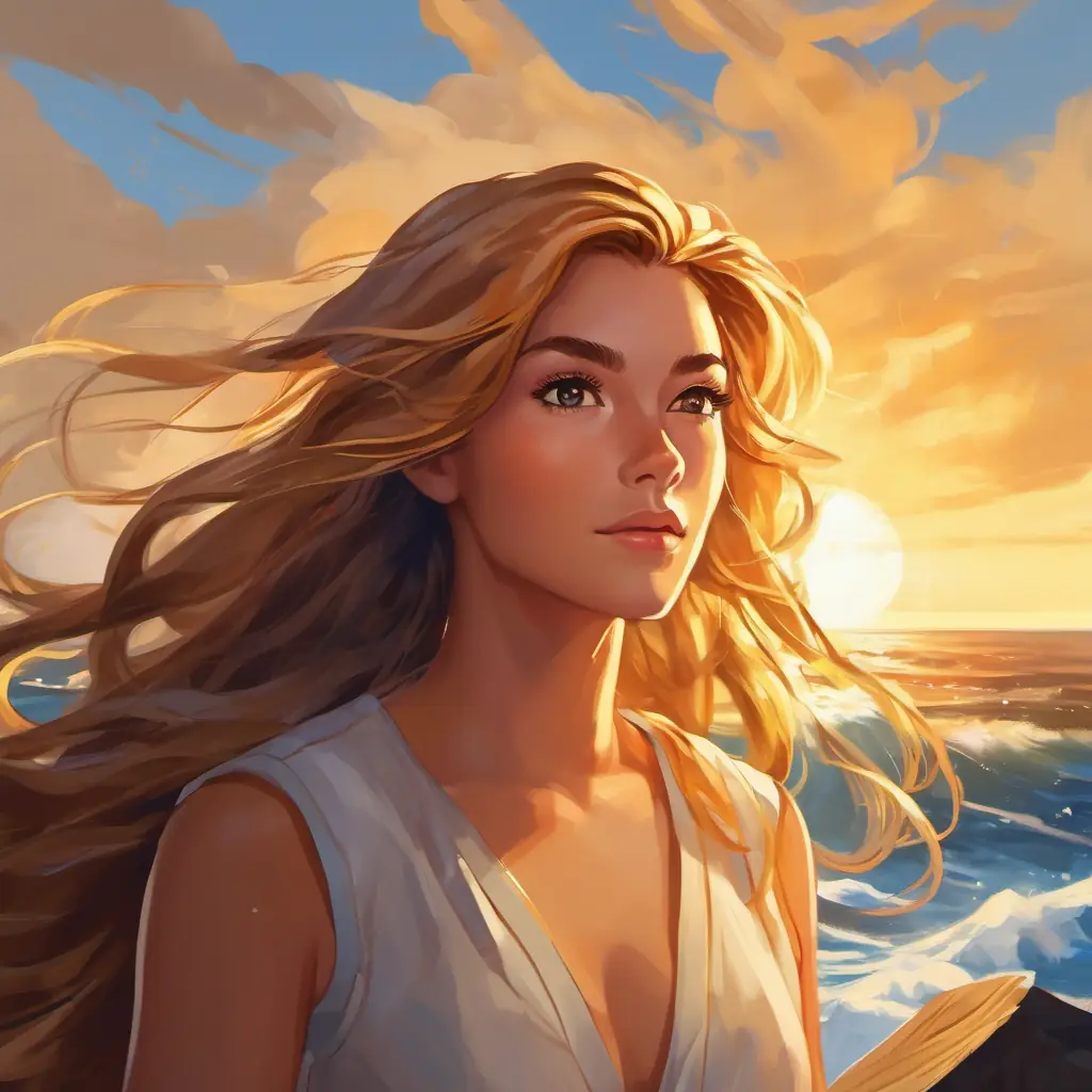 Describing Golden hair, blue eyes, skin tanned by the sun, spirited and Dark hair, brown eyes, skin kissed by sea spray, courageous's contrasting hair colors.