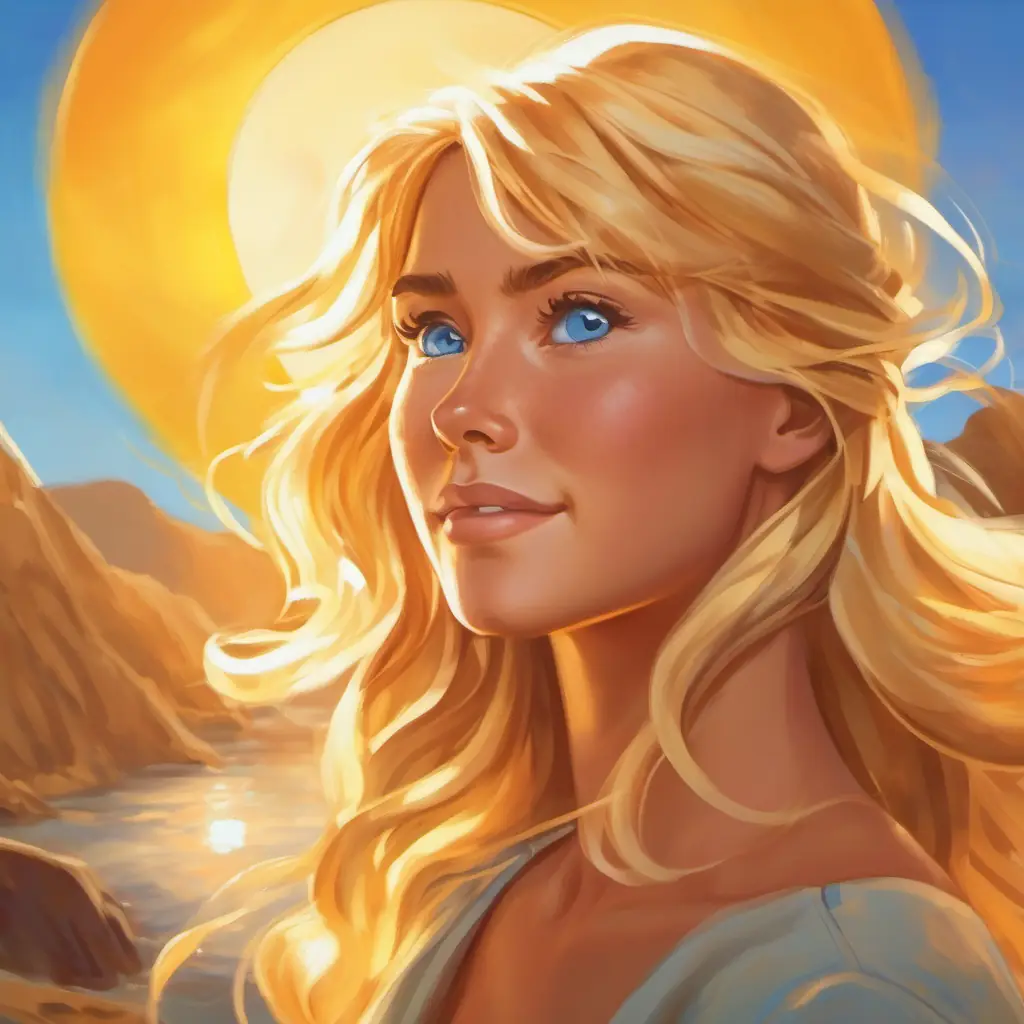 Golden hair, blue eyes, skin tanned by the sun, spirited is hopeful, pointing at a hopeful destination.