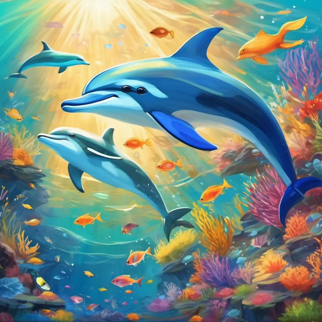 Marine life around, colorful fish and playful dolphins.