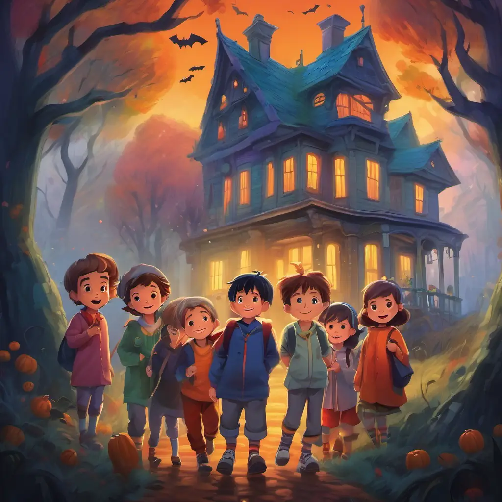 Seven Seven playful kids with different colored clothes, big smiles, and curious eyes in a misty, mysterious forest, seeing a spooky old house in the distance.