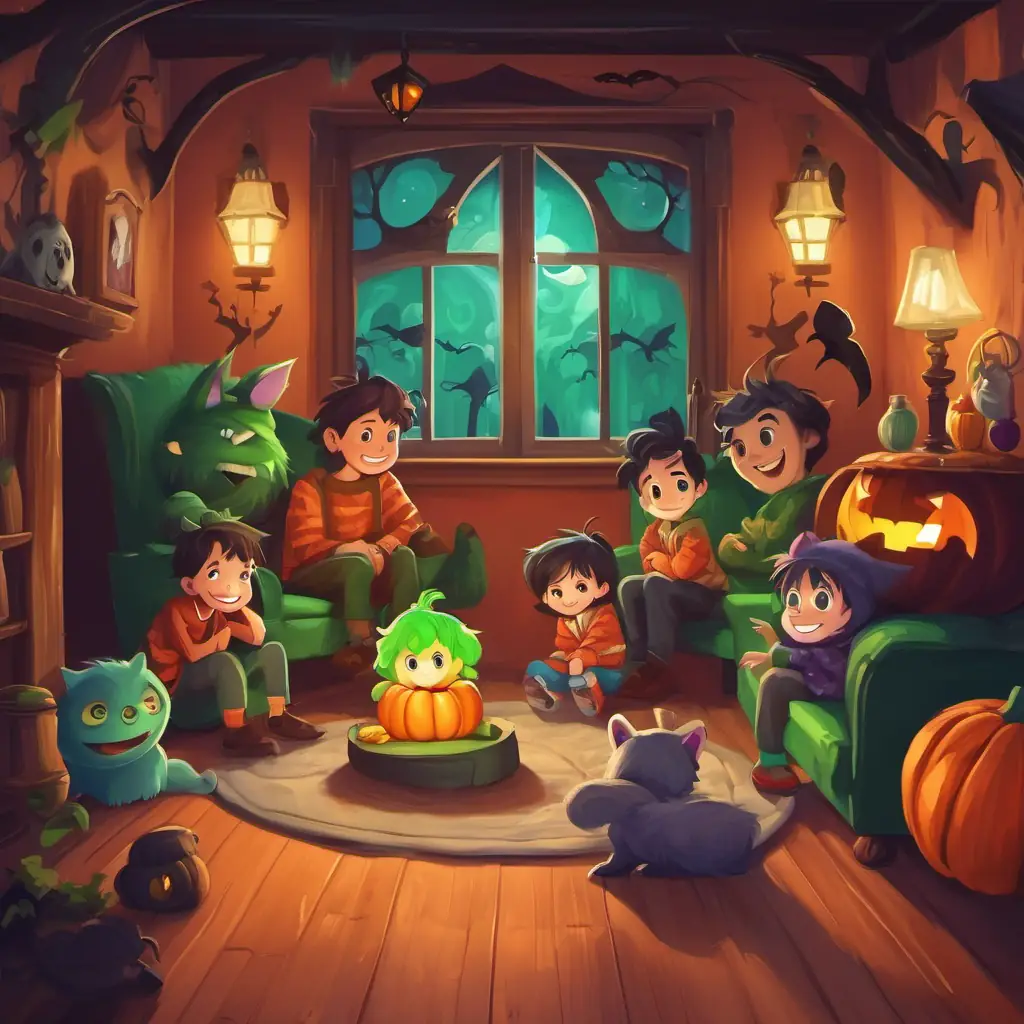 The seven Seven playful kids with different colored clothes, big smiles, and curious eyes hiding in a cozy room in the spooky house, as the A big, furry monster with green eyes and a friendly grin appears.