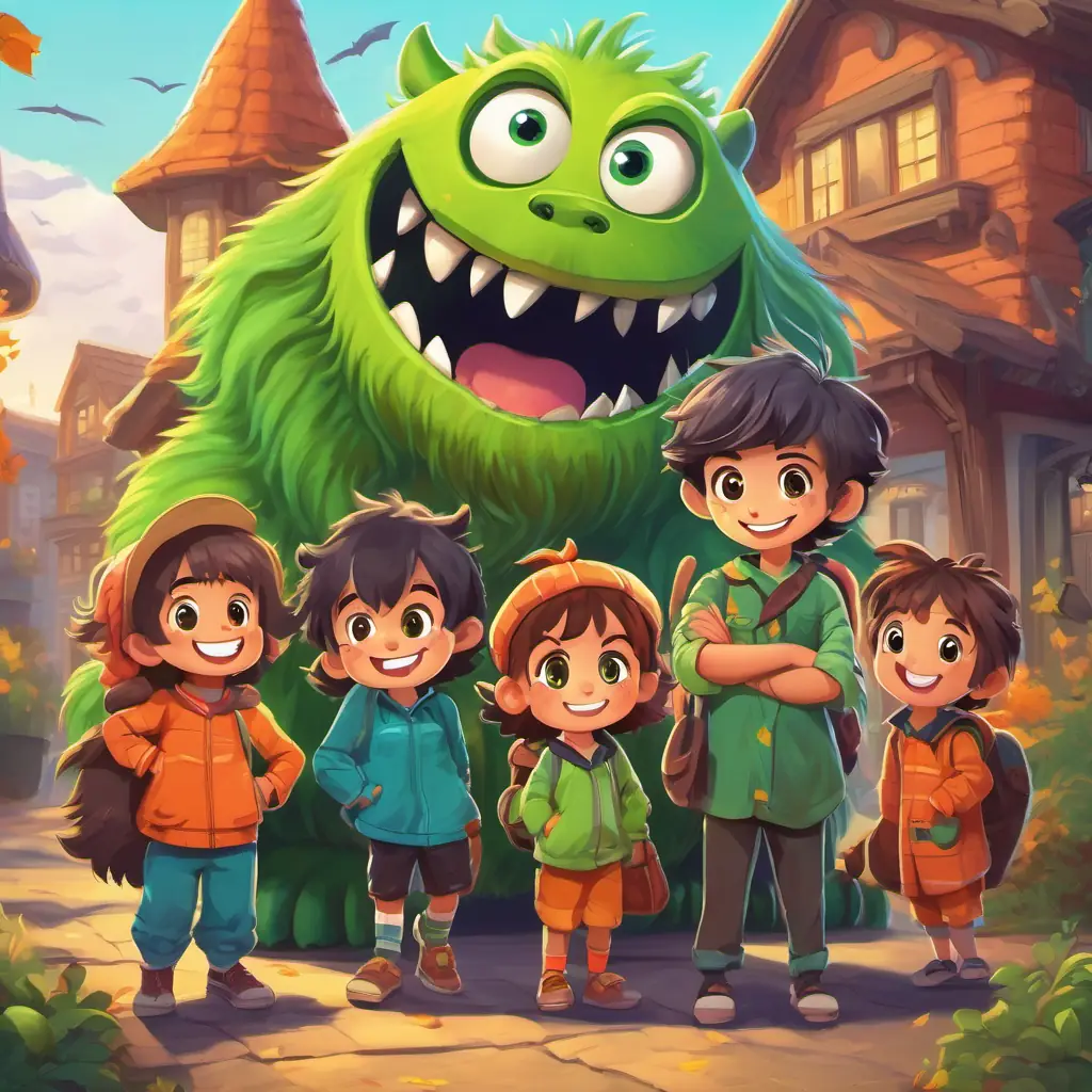 The Seven playful kids with different colored clothes, big smiles, and curious eyes bravely facing the A big, furry monster with green eyes and a friendly grin and suggesting to be friends, with the A big, furry monster with green eyes and a friendly grin nodding in agreement.