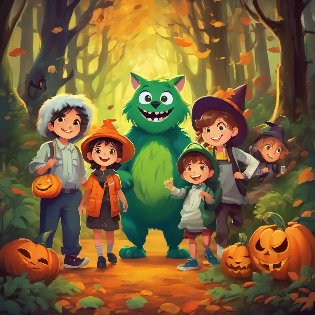 The group of Seven playful kids with different colored clothes, big smiles, and curious eyes and the friendly A big, furry monster with green eyes and a friendly grin playing and having fun together in the house and forest.