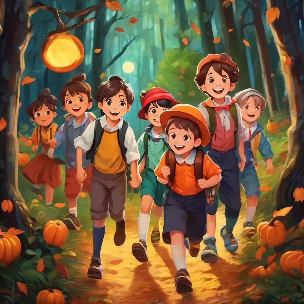 The Seven playful kids with different colored clothes, big smiles, and curious eyes happily leaving the forest, knowing they have their friendship forever.