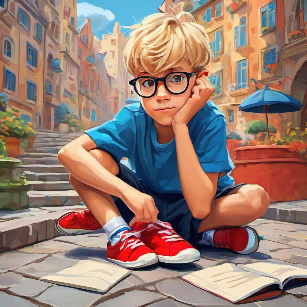 Blonde boy, blue shirt, red sneakers, glasses and cartoon characters, problem explained with pictures