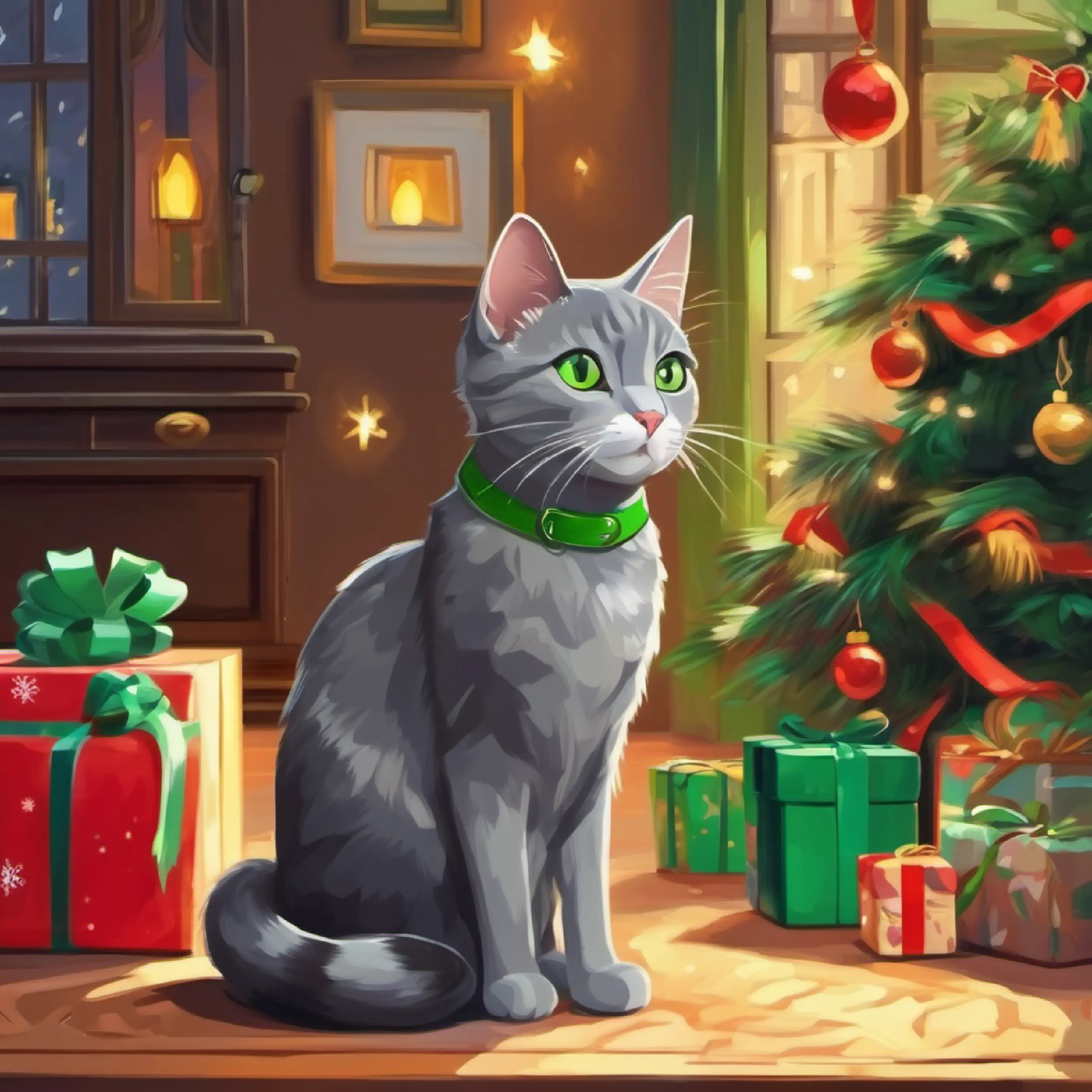 Introducing A small, curious gray cat with bright green eyes, the cat, at her home.