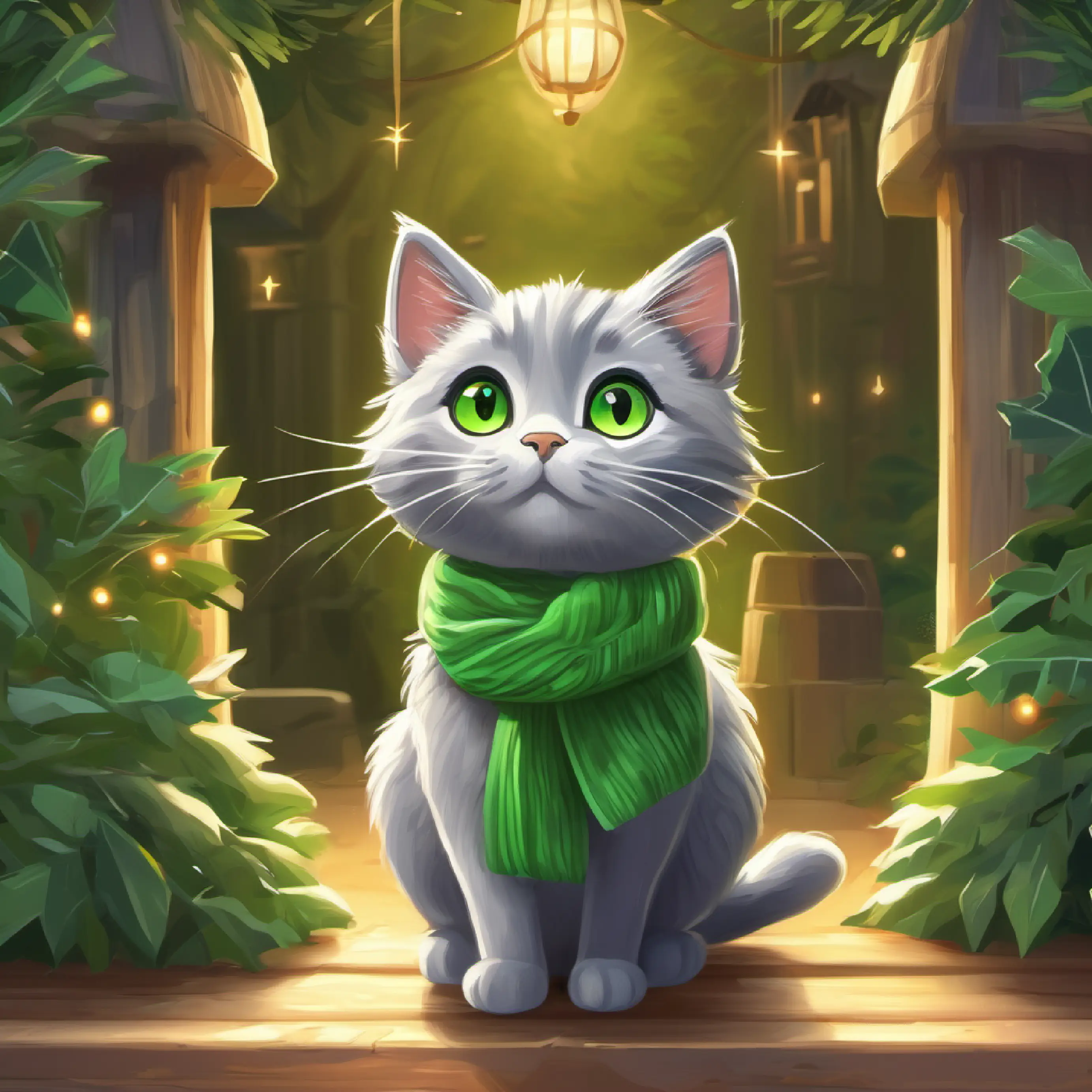 A small, curious gray cat with bright green eyes learns about the zoo trip.