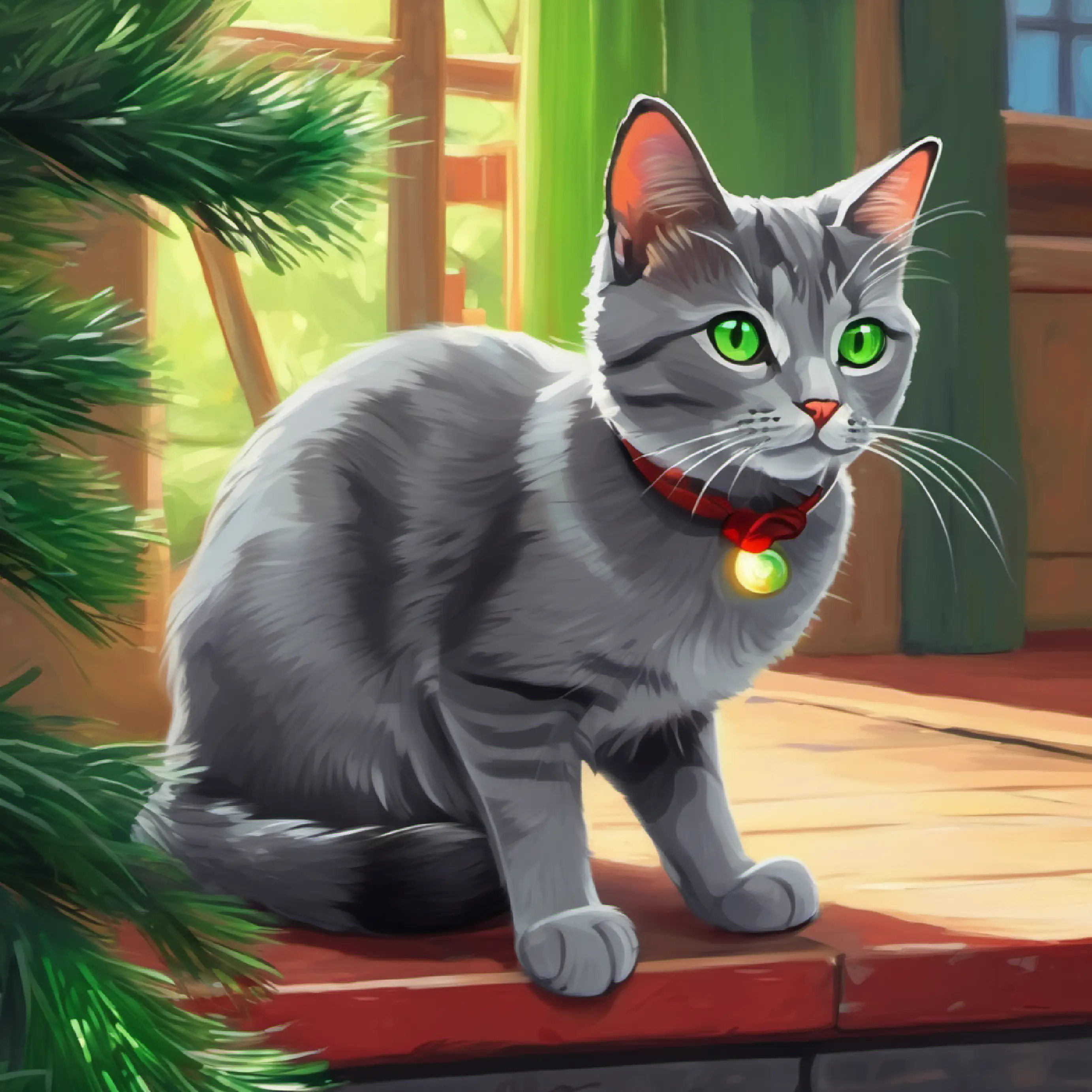 A small, curious gray cat with bright green eyes reluctant to leave, having enjoyed the zoo.