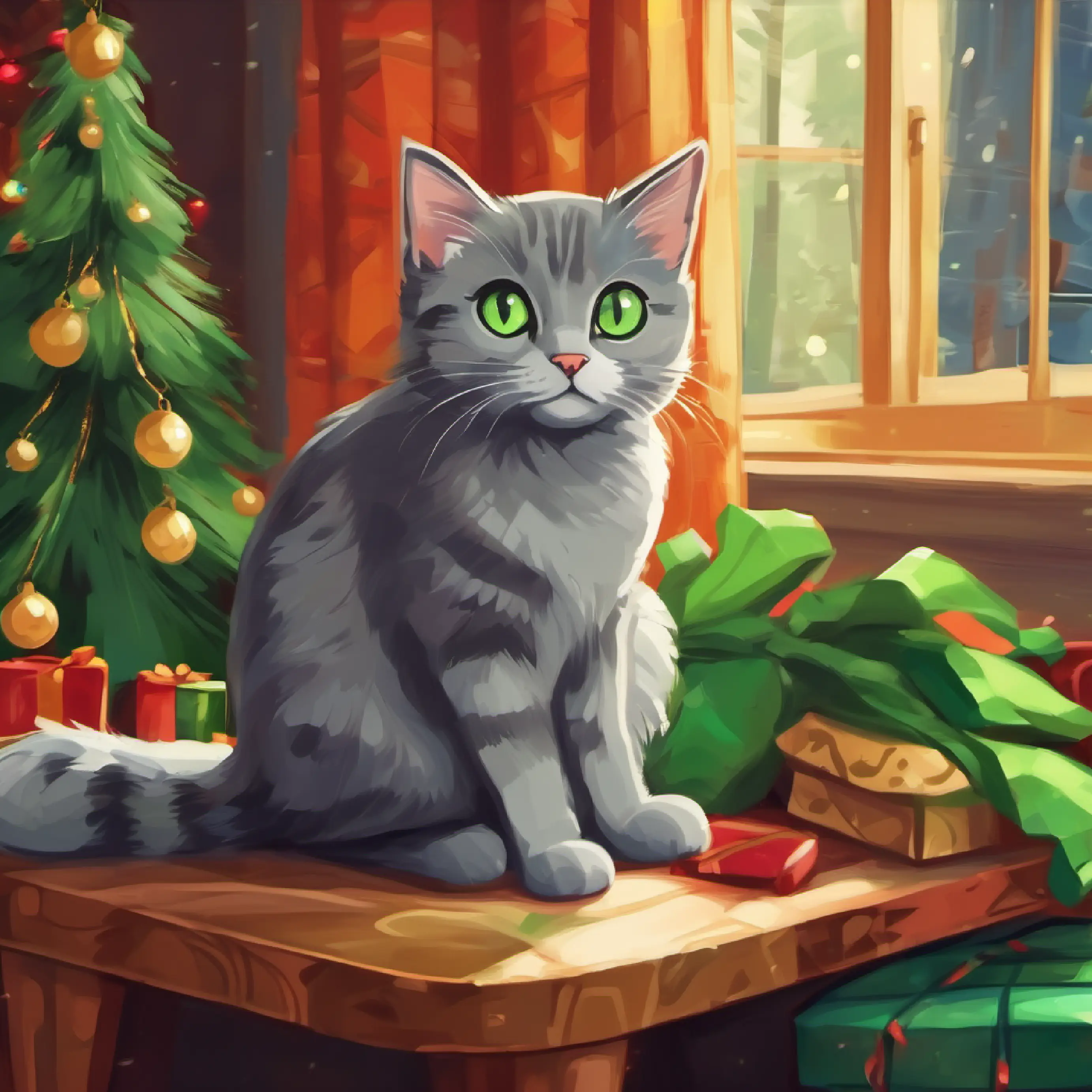 A small, curious gray cat with bright green eyes at home, reminiscing her zoo adventure.