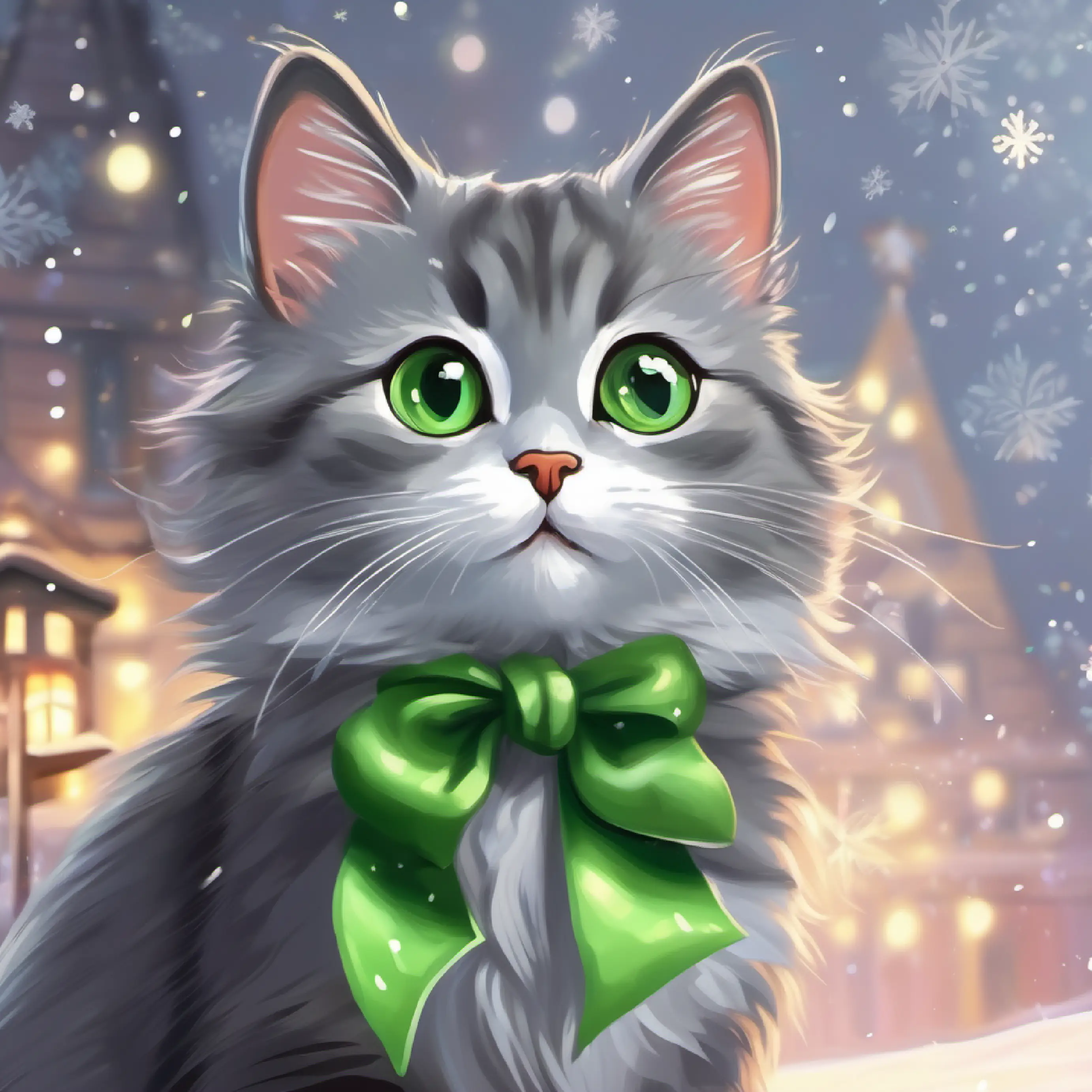 A small, curious gray cat with bright green eyes on her way, feeling excited and nervous.