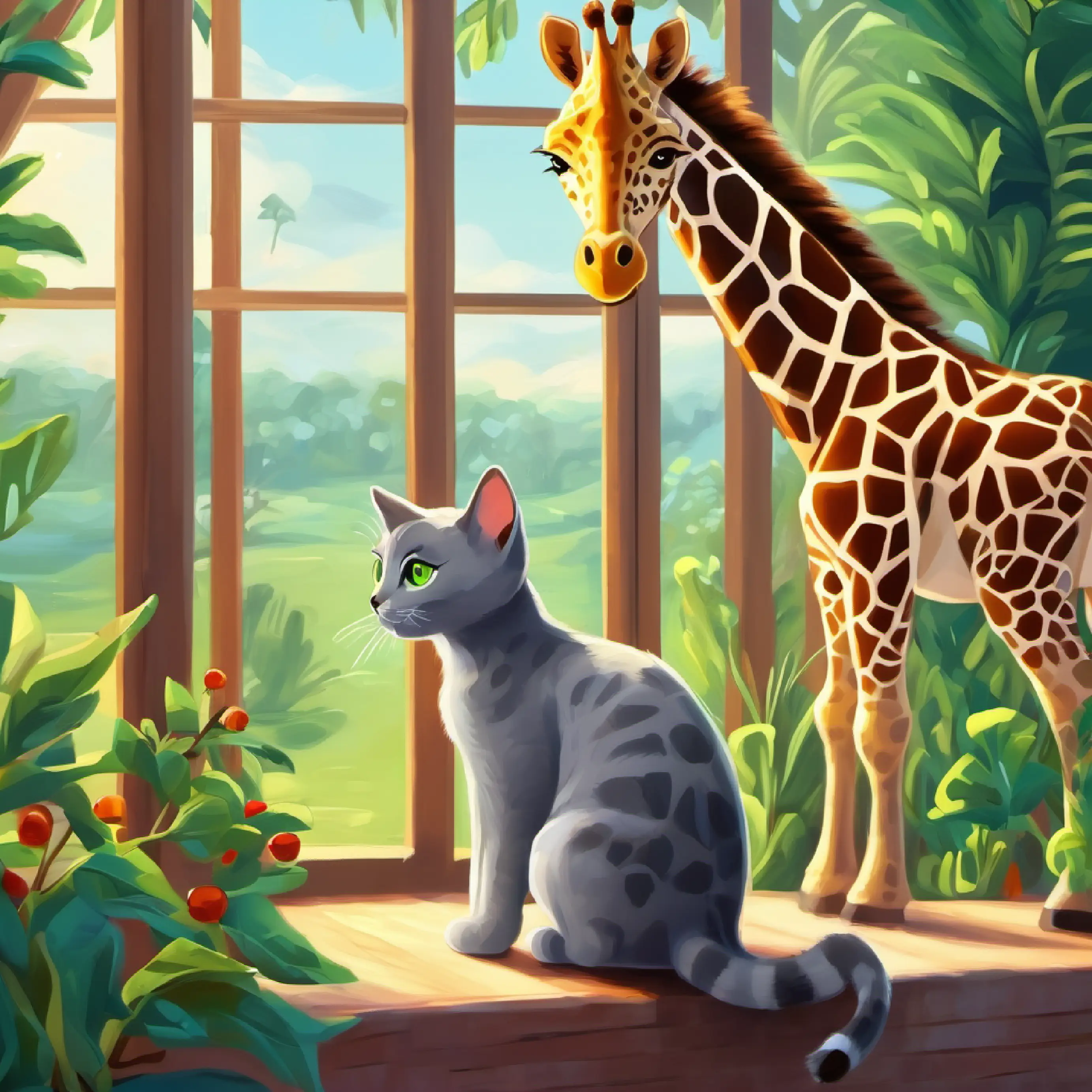 A small, curious gray cat with bright green eyes sees giraffes for the first time.
