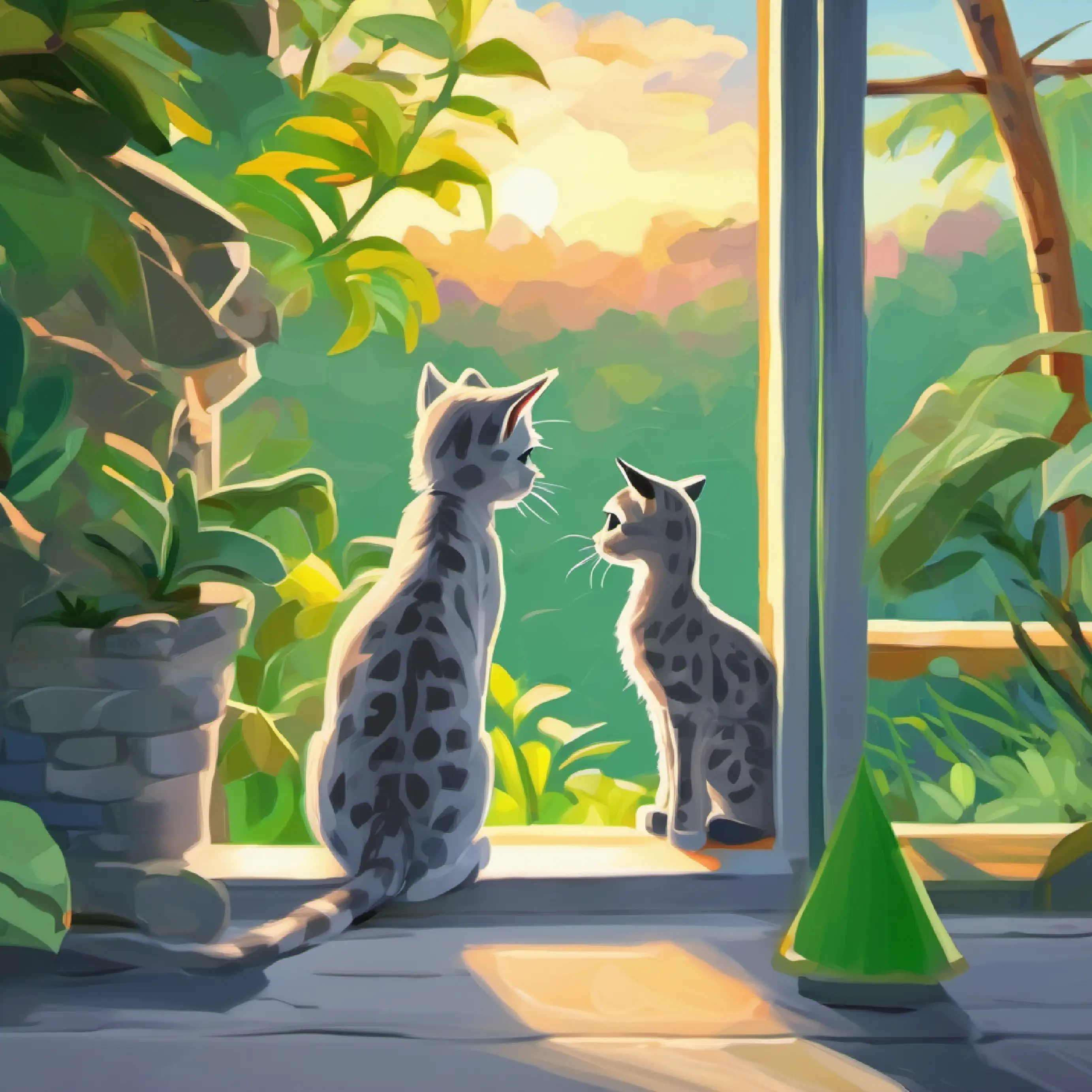 A small, curious gray cat with bright green eyes is fascinated by the giraffes.