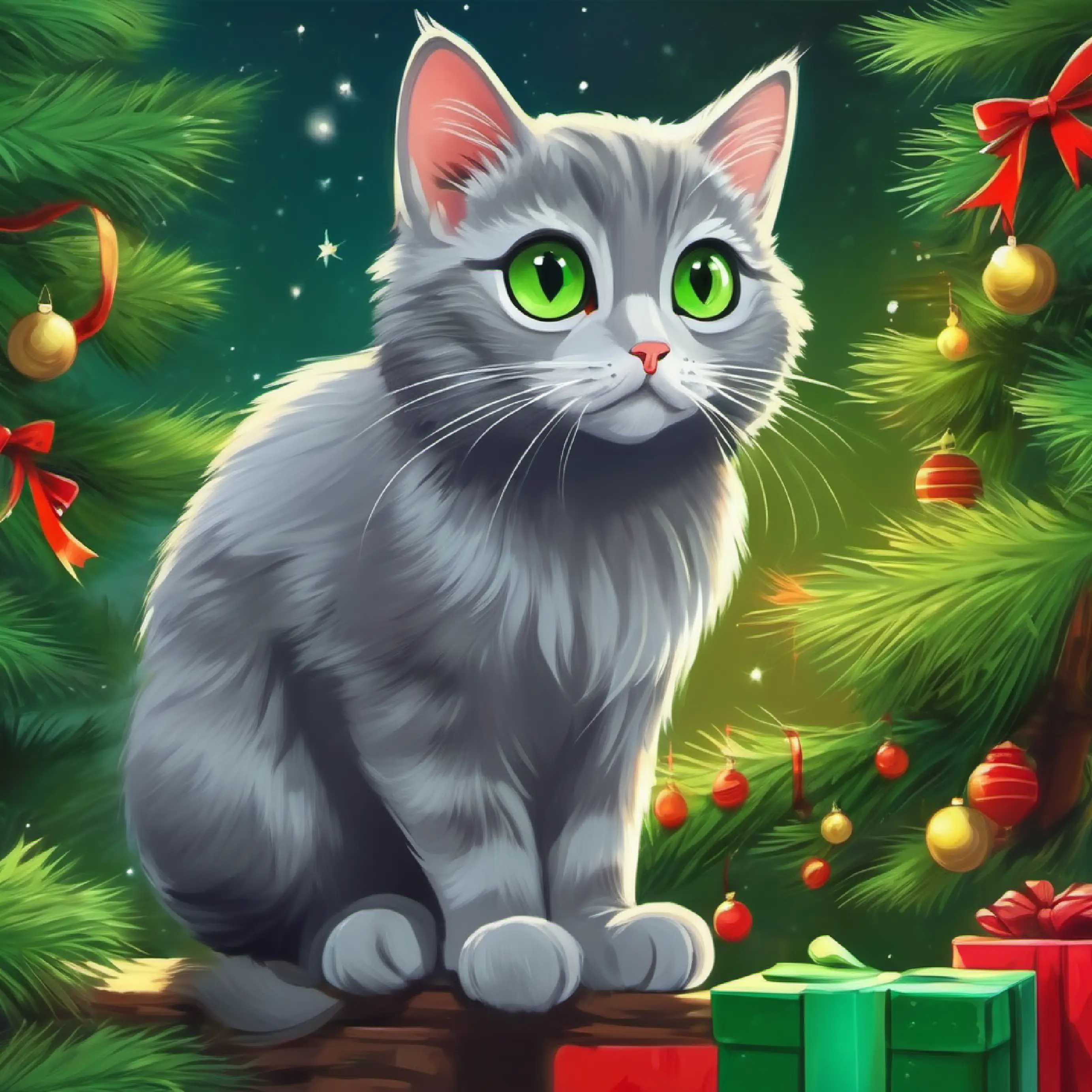 A small, curious gray cat with bright green eyes watches monkeys and feels a connection.