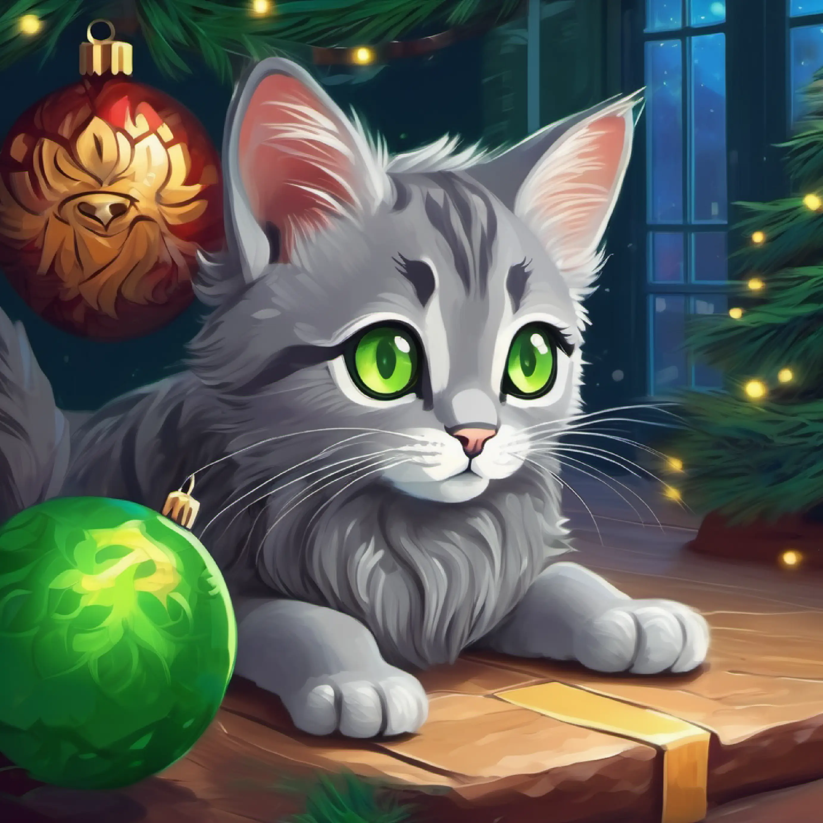 A small, curious gray cat with bright green eyes encounters lions, feeling scared then connected.