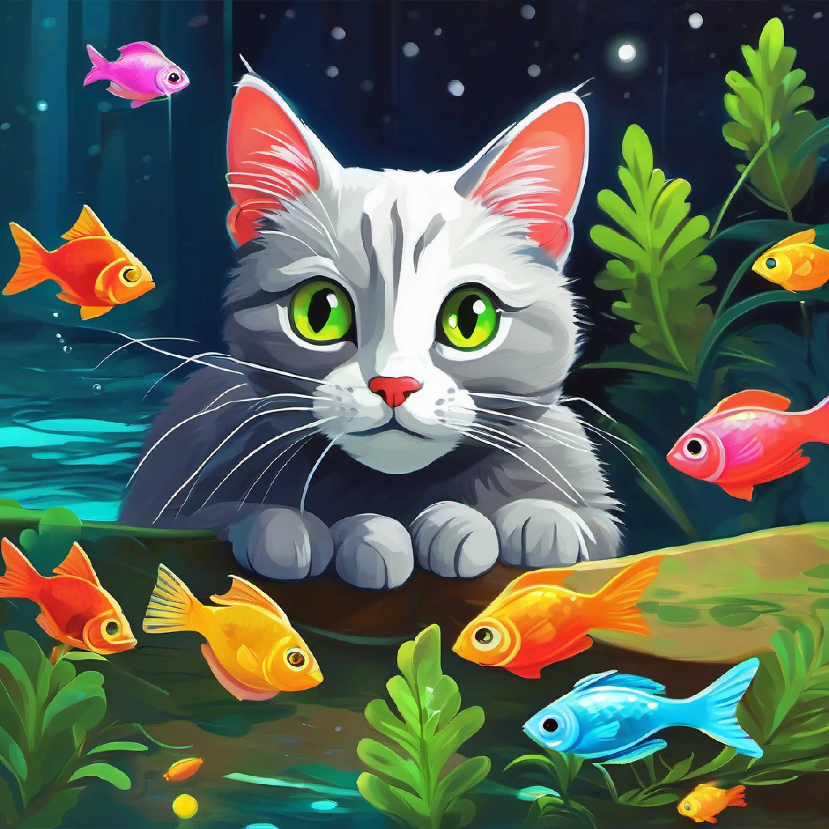 A small, curious gray cat with bright green eyes discovers colorful fish with curiosity.