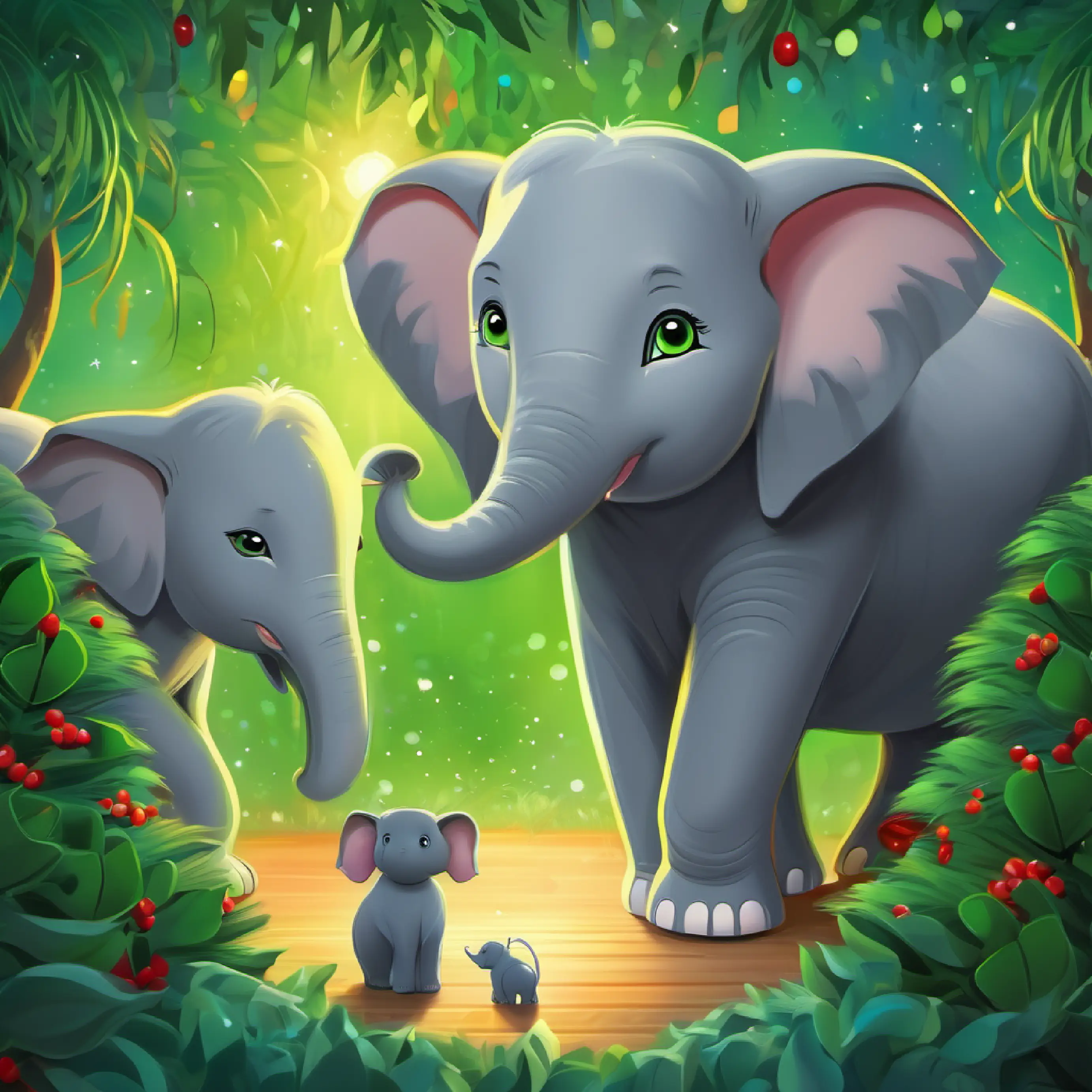 A small, curious gray cat with bright green eyes is awed by the gentle elephants.