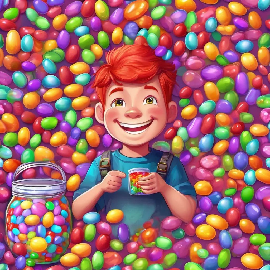 a boy with bright red hair smiling with a huge open jar of jellybeans