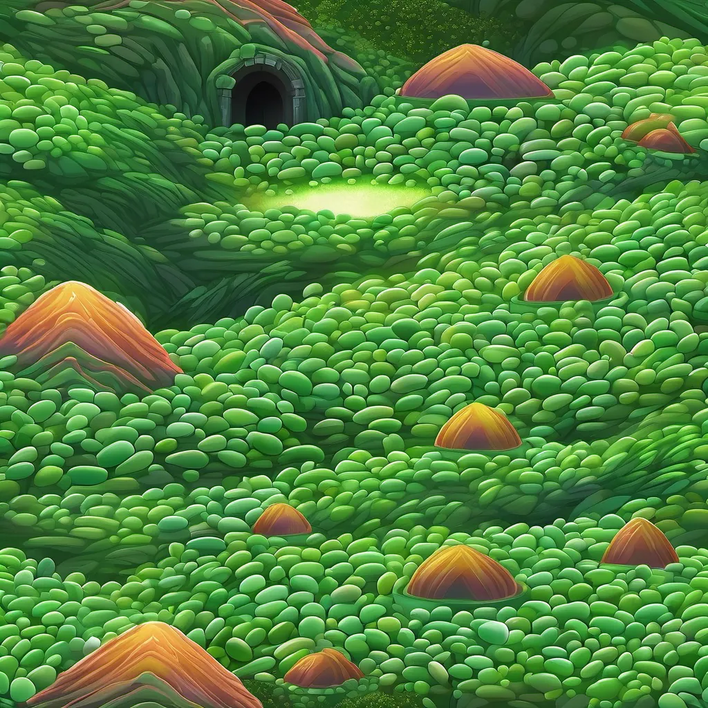 a mountain of green jellybeans with a tiny, glowing door at the base