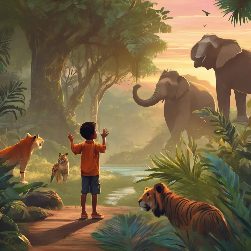 a boy waving goodbye to jungle animals with a sunset in the background