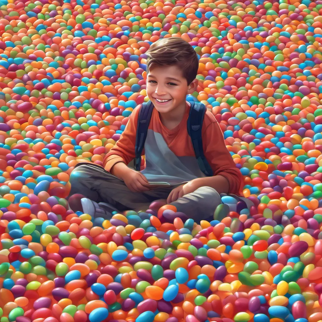 a boy sitting amongst a pile of jellybeans, smiling with a secret