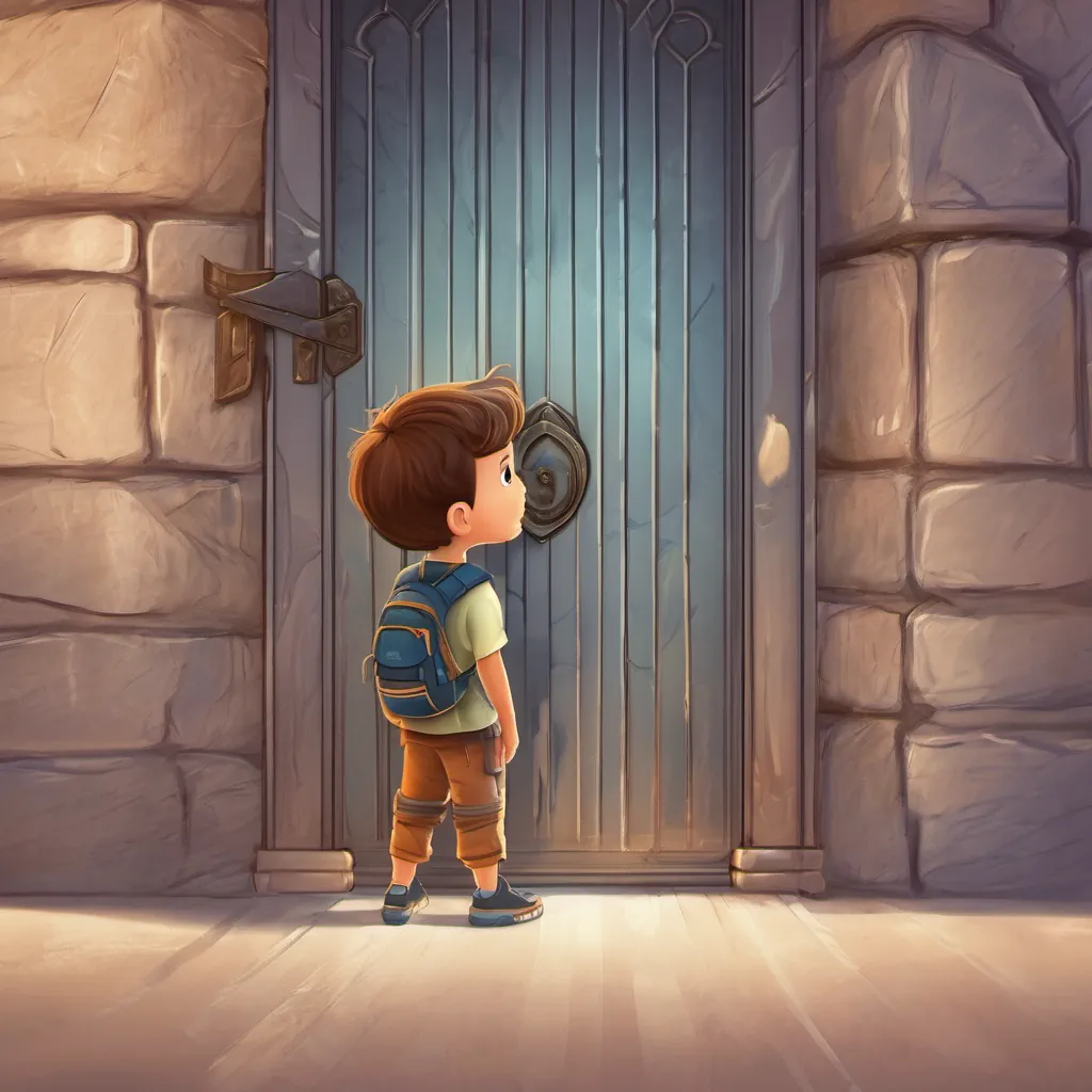 a miniature boy with an adventurous expression peeking into a glowing door