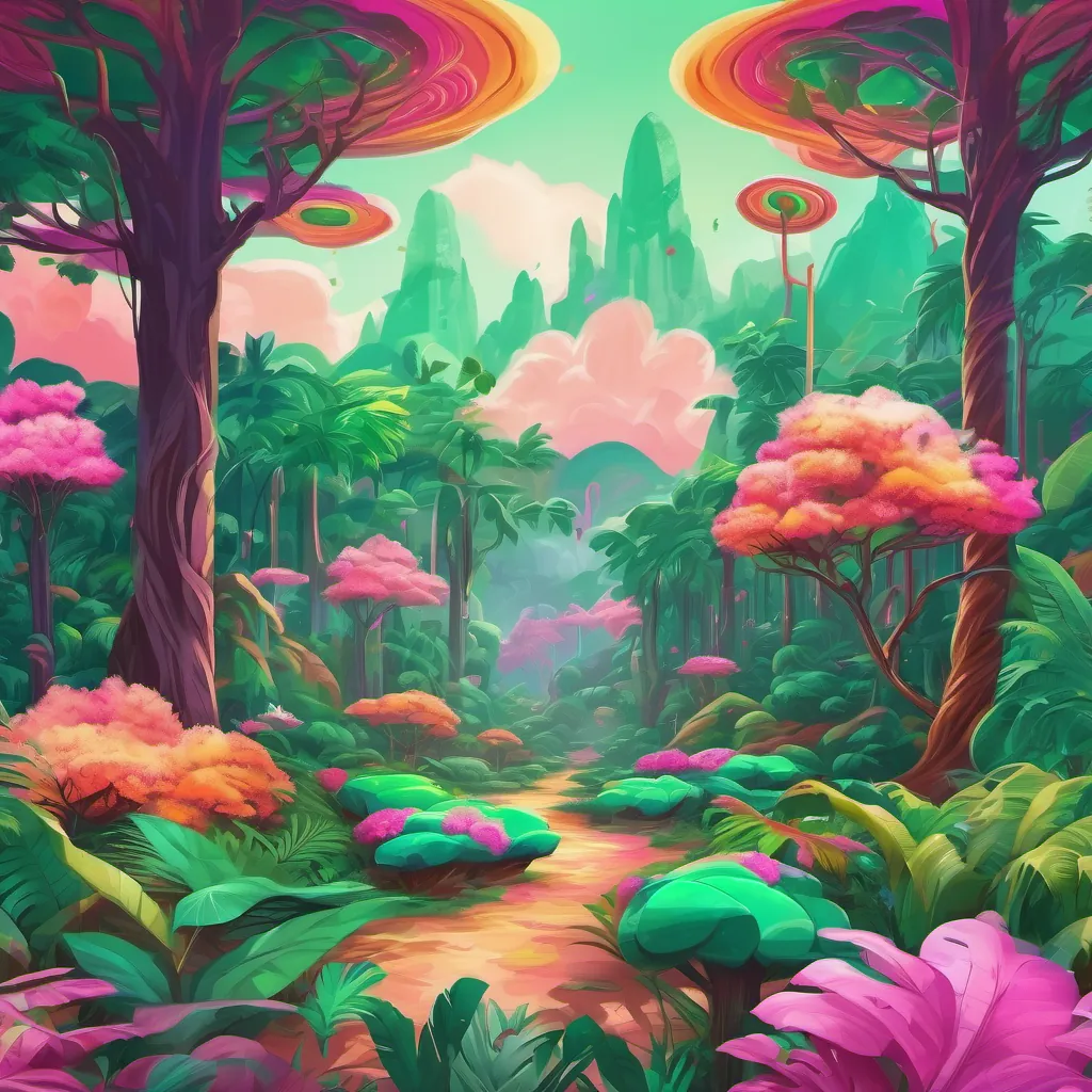 a vibrant jungle with enormous emerald trees and candy-colored clouds