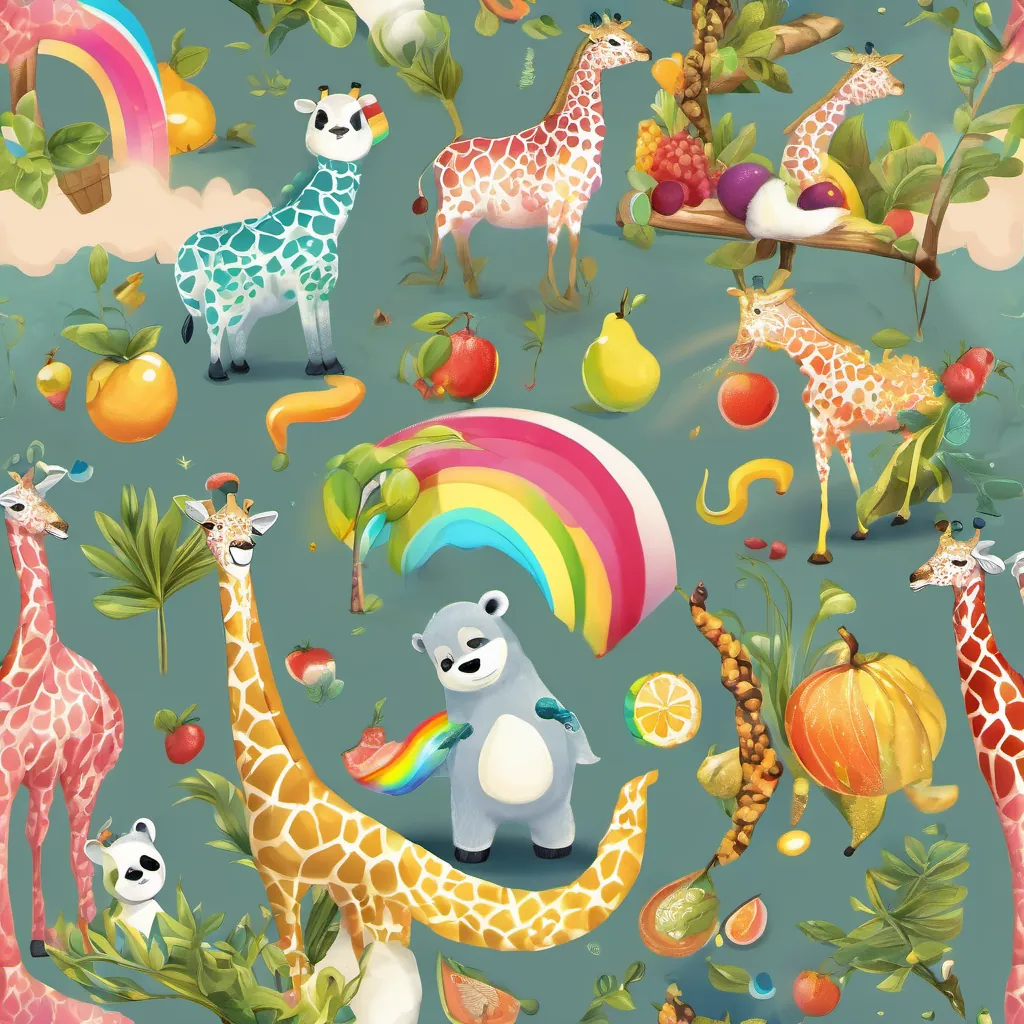 a whimsical giraffe with a rainbow neck, a panda juggling fruit, and a snake sneezing sunshine