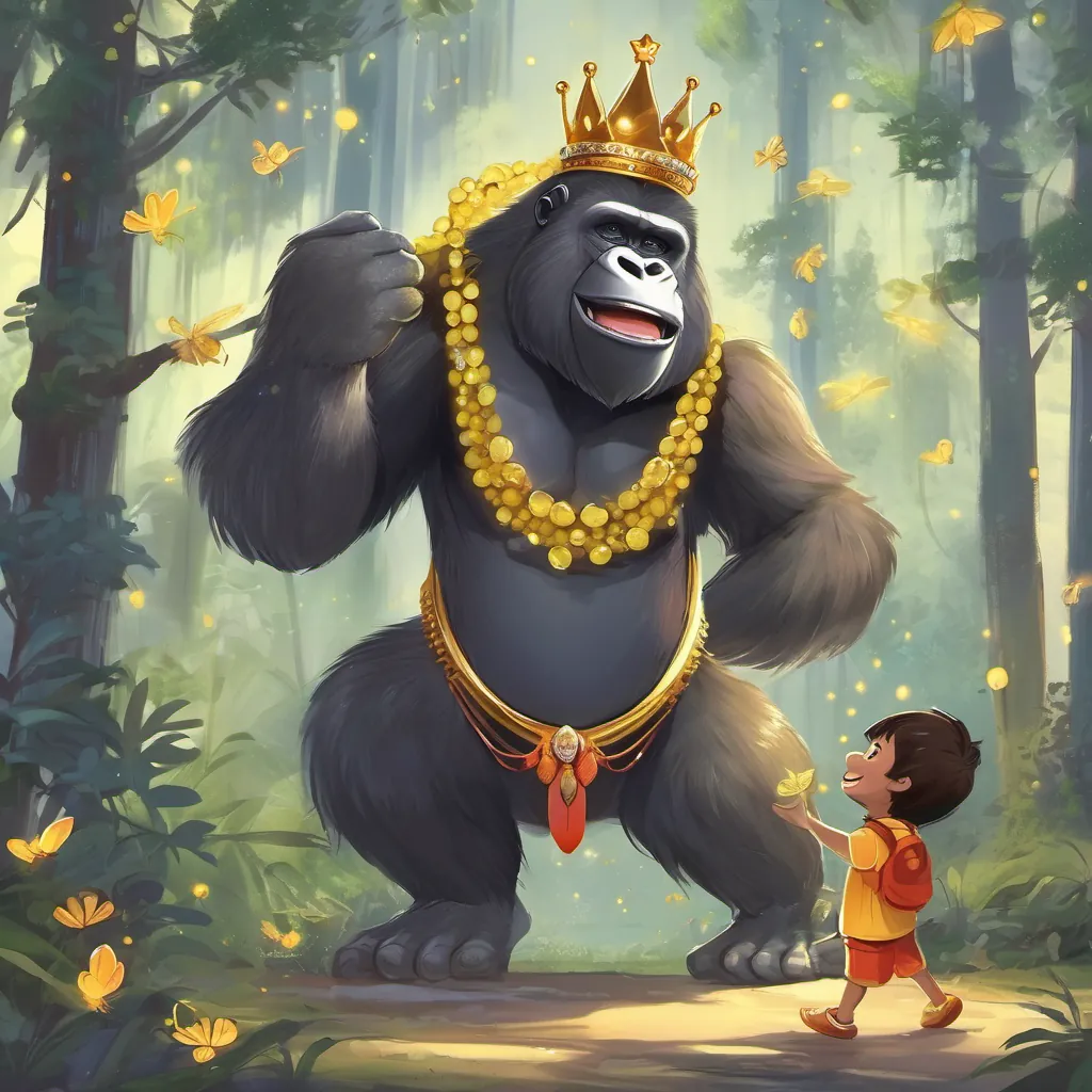 a smiling gorilla with a crown of fireflies greeting a tiny boy