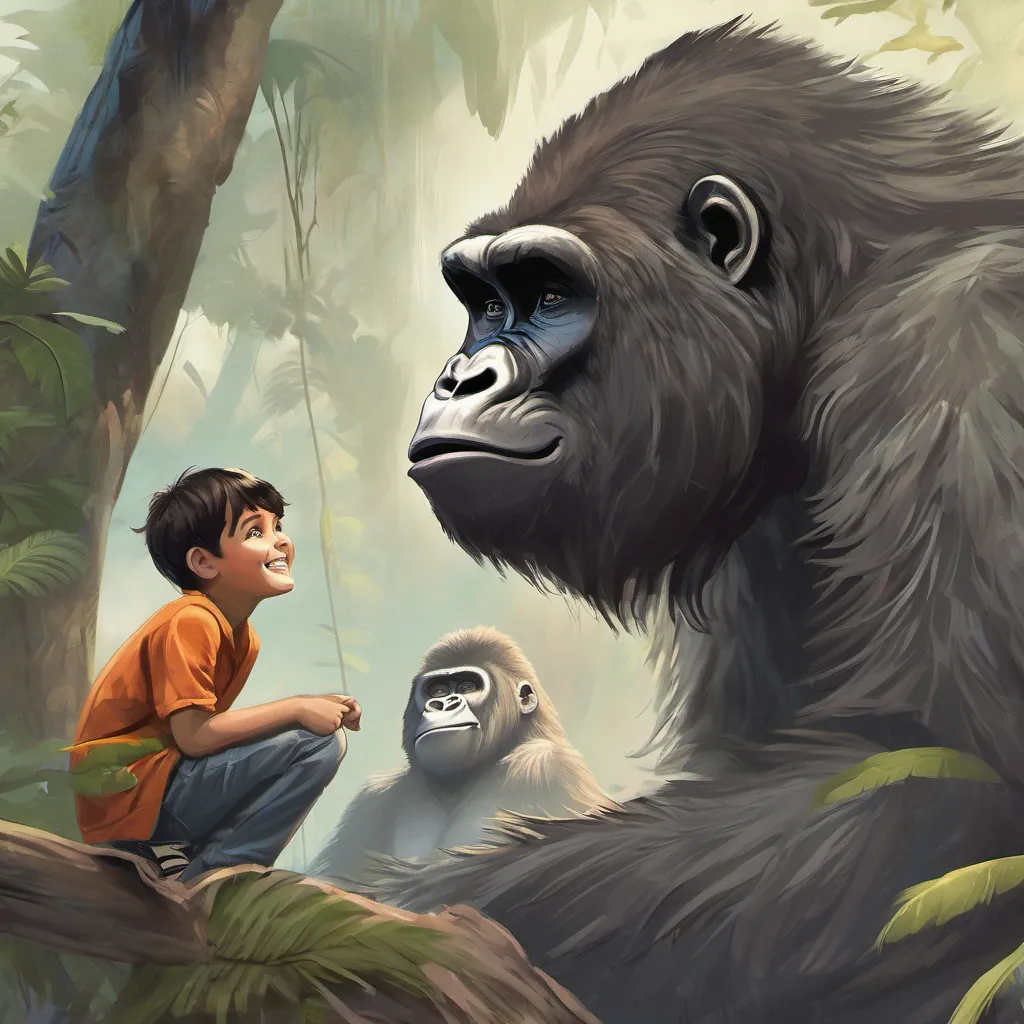 a boy with wide eyes looking up at a grinning gorilla