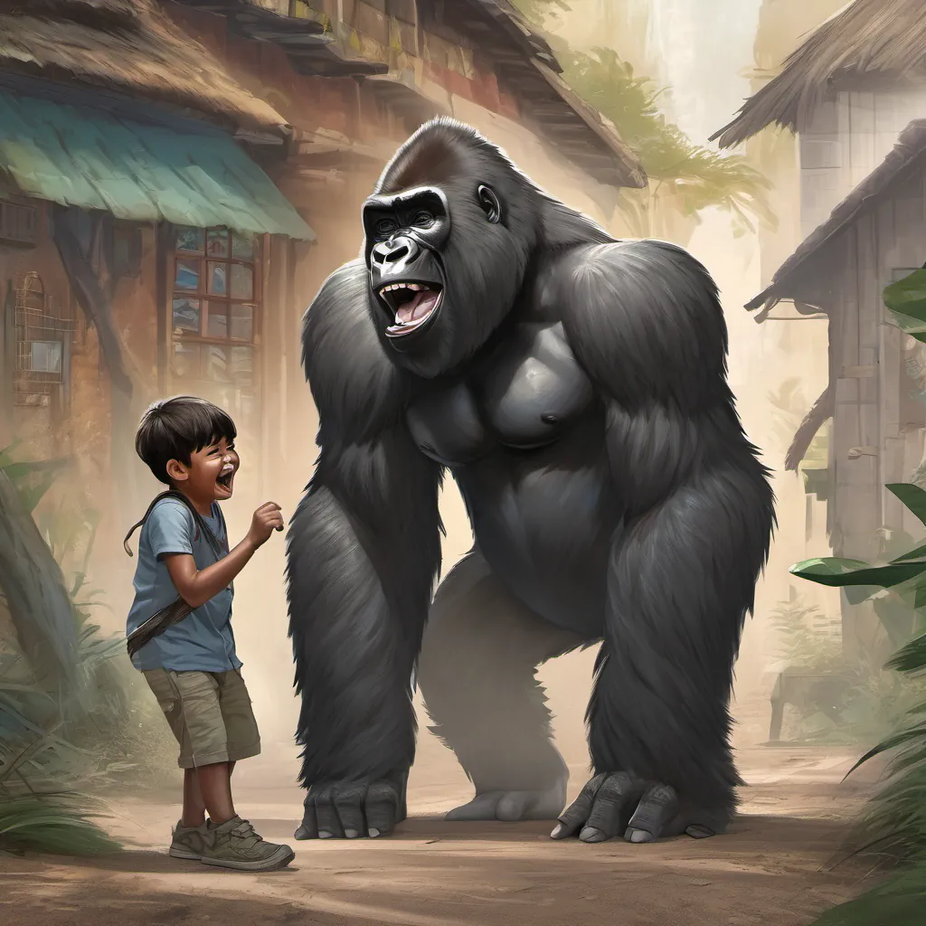 a gorilla laughing with a boy standing beside him