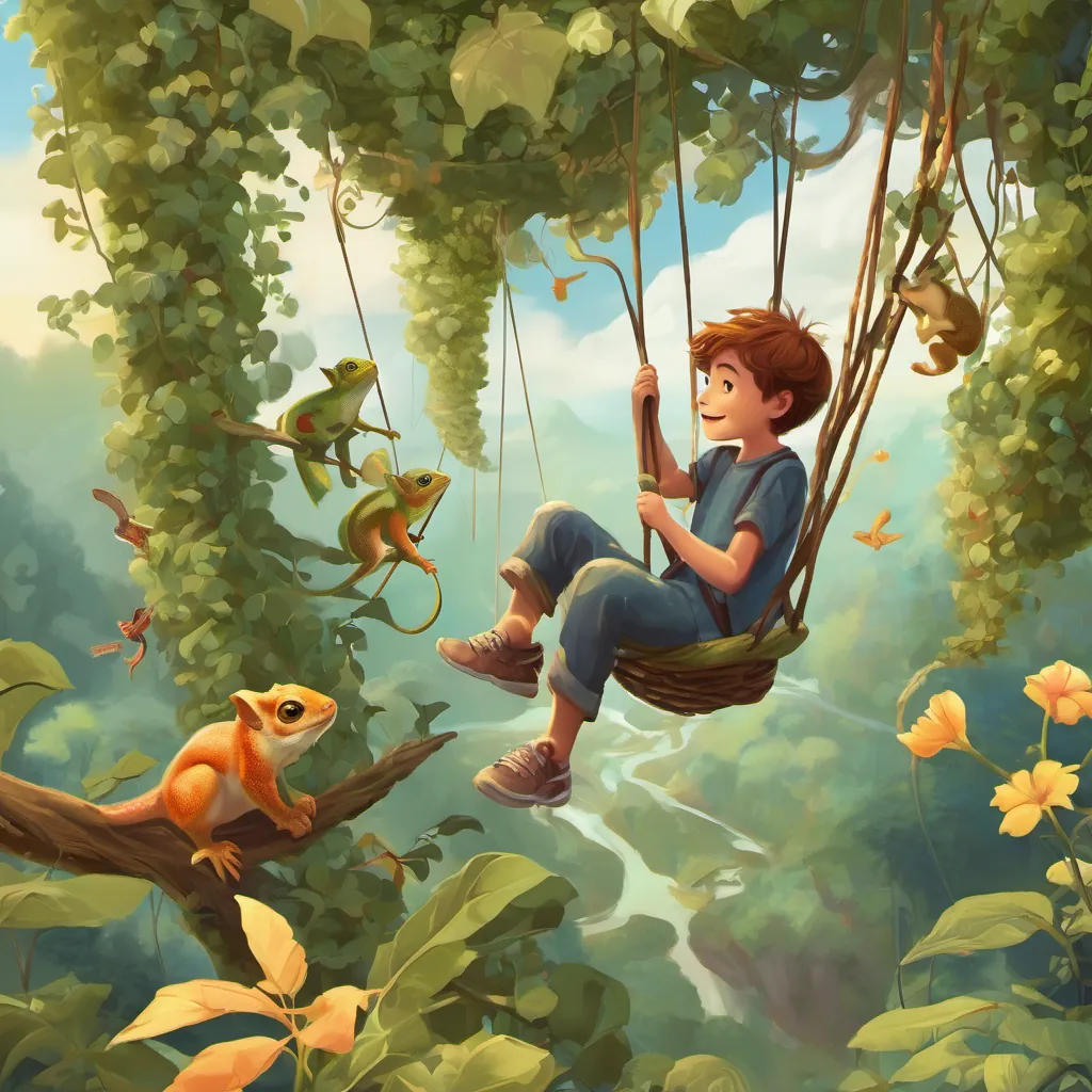 a boy swinging on vines, playing with chameleons, and talking to squirrels