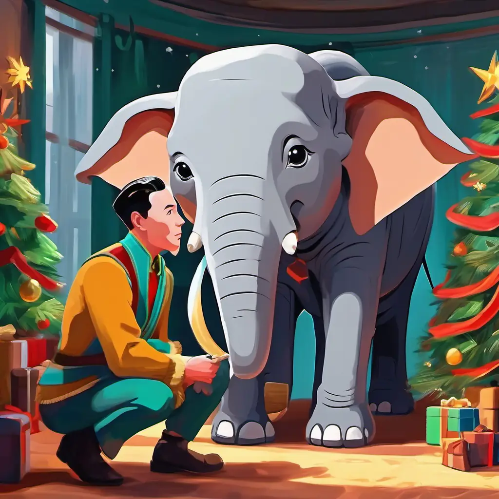 Zorg learns about environmental care and compassion from Caring elephant, gray skin, warm brown eyes.