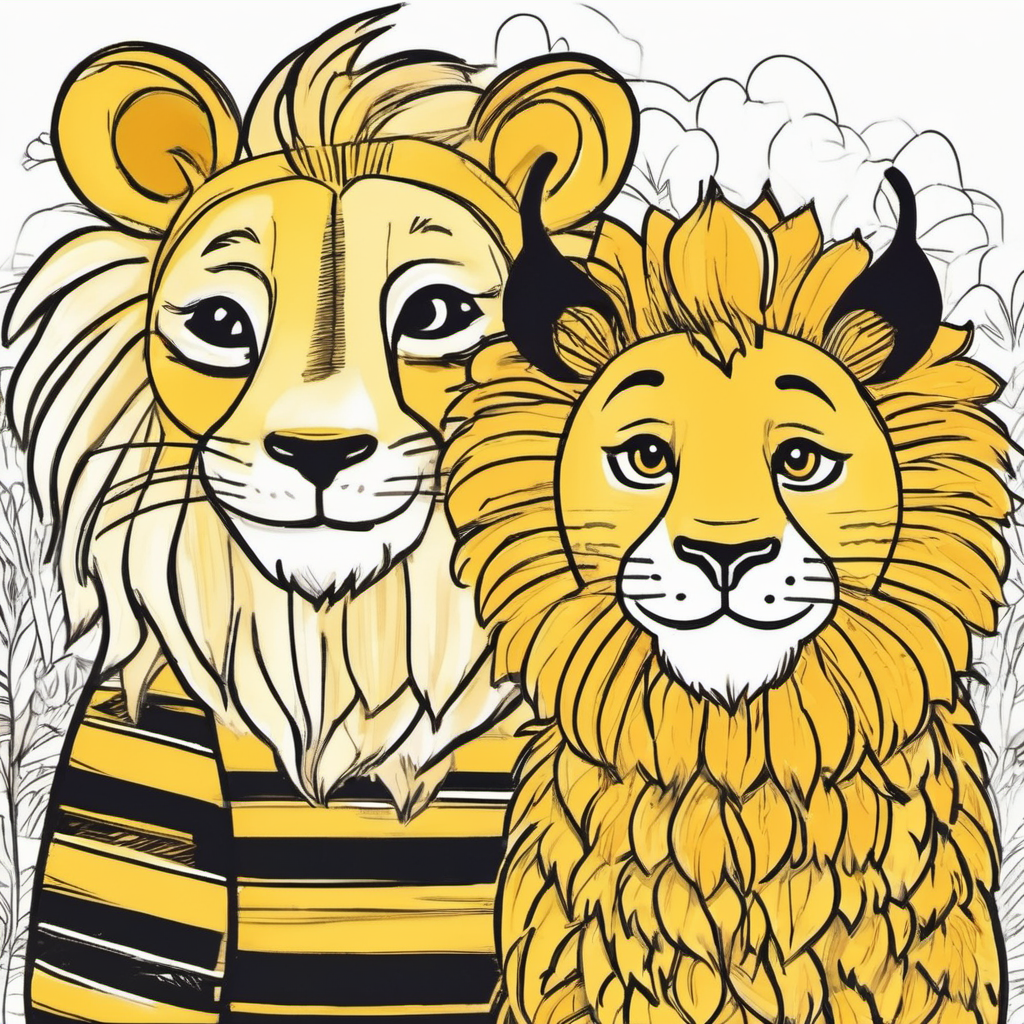 Small bee with yellow and black stripes, friendly smile and Big lion with golden fur and a friendly expression standing together