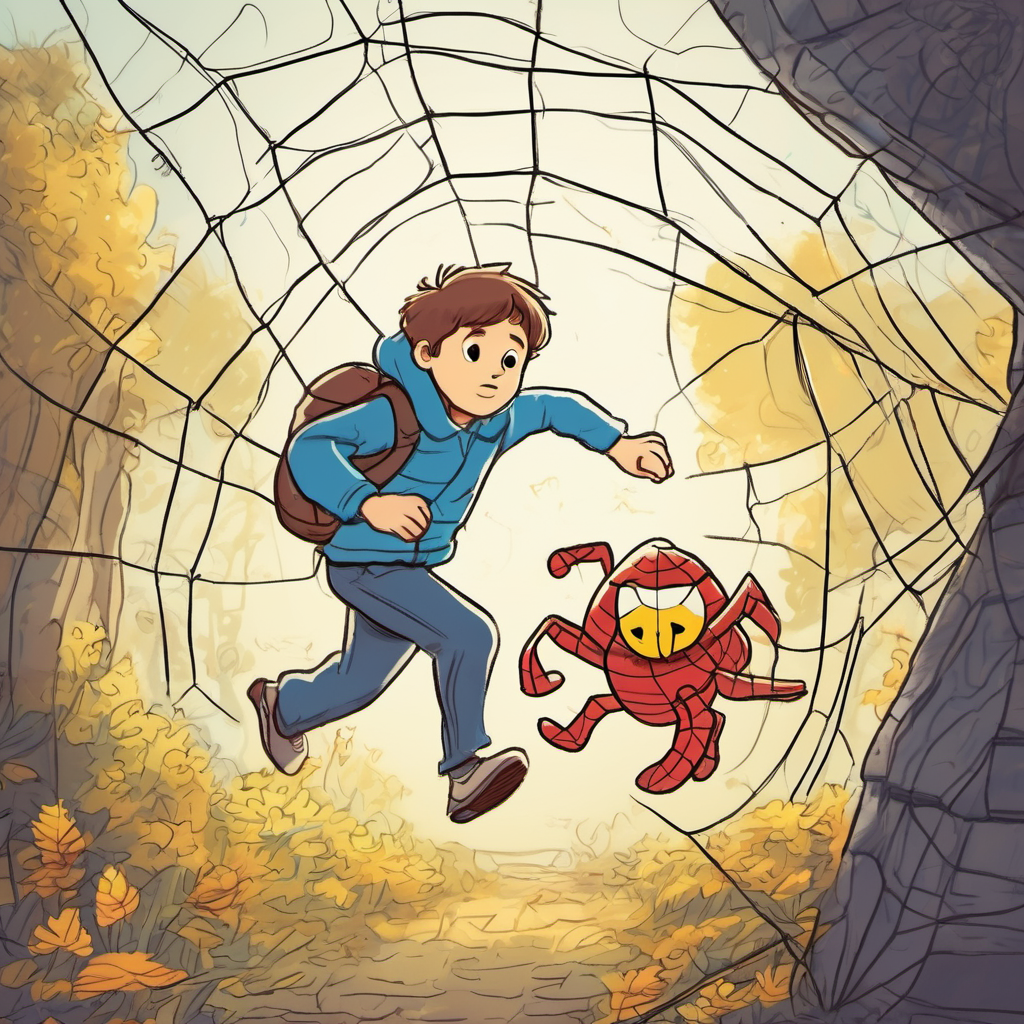 Benny trapped in a spider's web, Leo running towards him