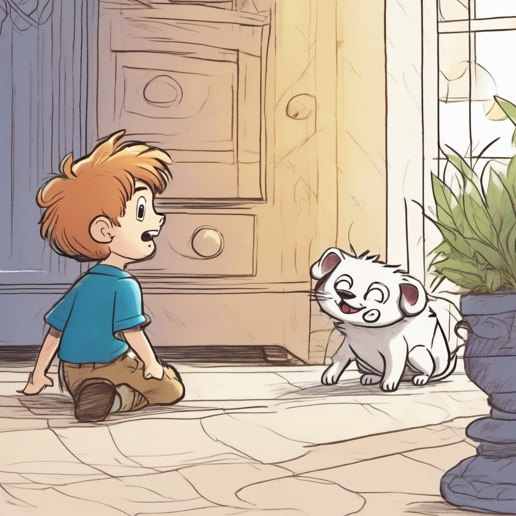 Leo roaring and scaring the spider away, Benny looking relieved