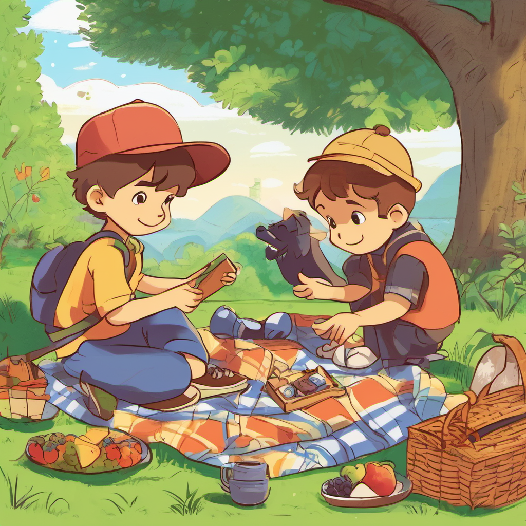 Benny and Leo solving a puzzle, having a picnic