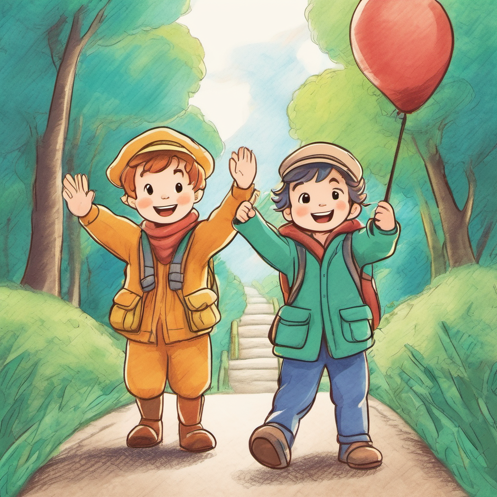 Benny and Leo waving goodbye, ready for more adventures