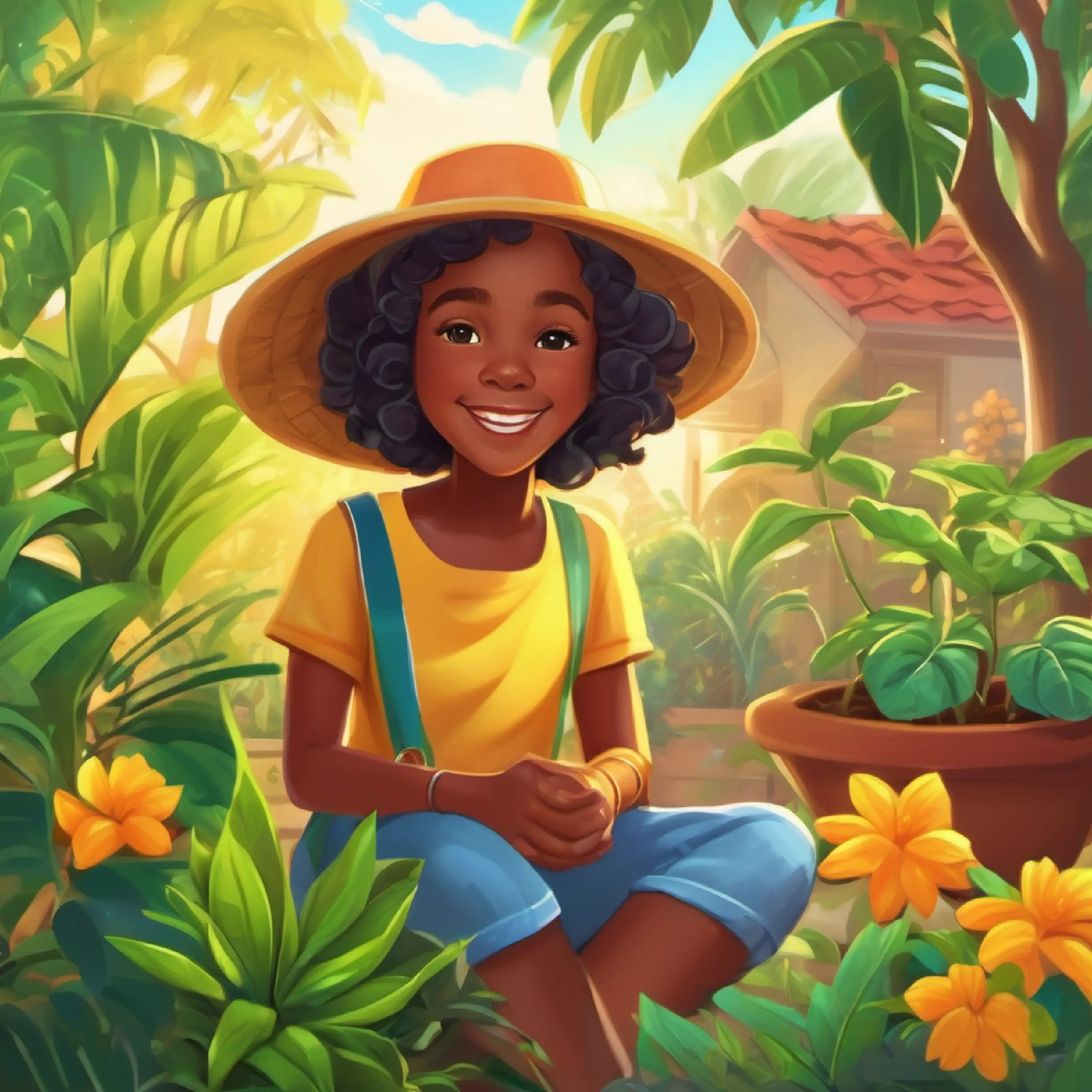 Introduction to 7-year-old girl, loves adventures with her Jamaican Brooklynn's Jamaican grandmother, wise, storyteller, loves gardening and Jamaica, full of joy and her grandmother at home, starting a new day.