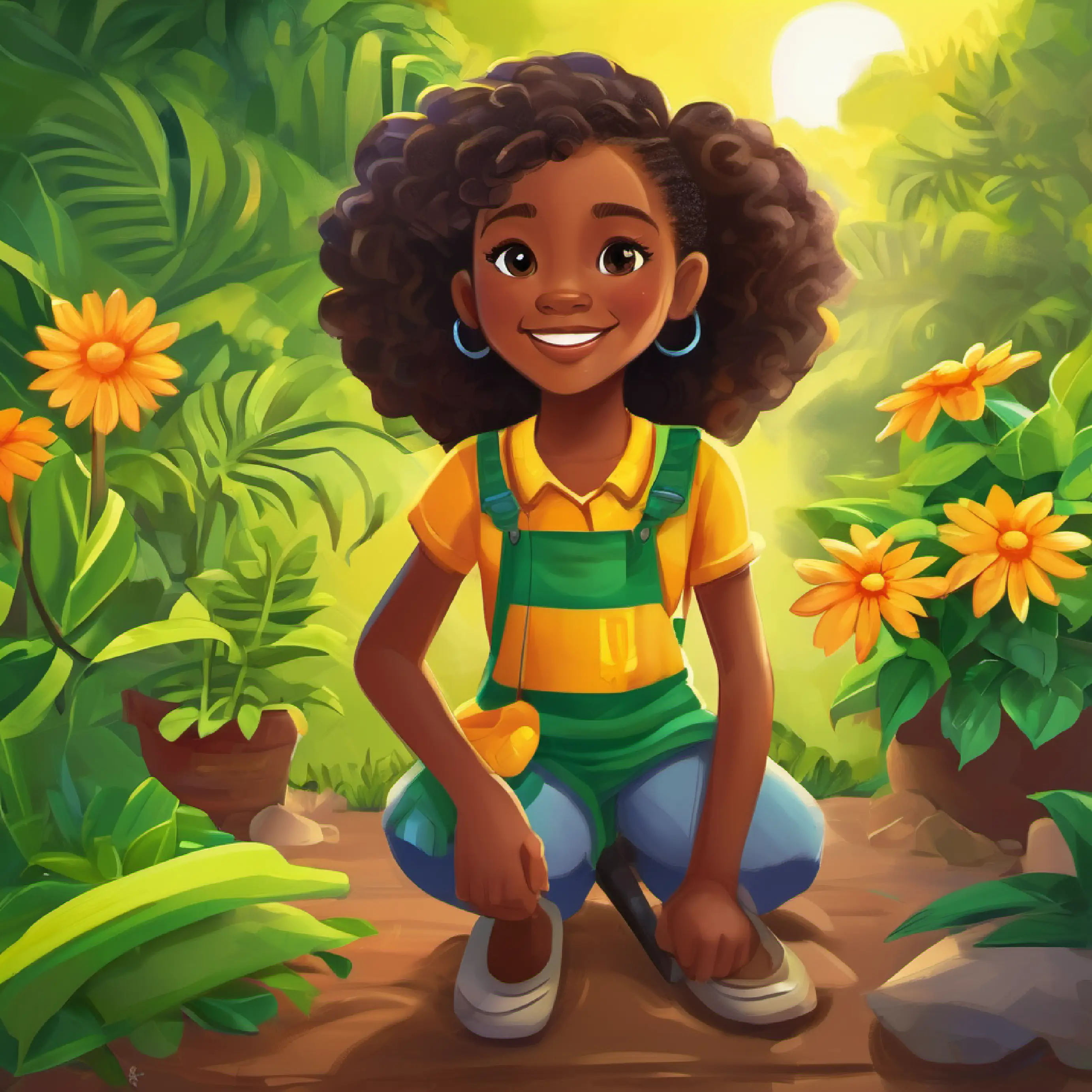 7-year-old girl, loves adventures with her Jamaican Brooklynn's Jamaican grandmother, wise, storyteller, loves gardening and Jamaica, full of joy and Brooklynn's Jamaican grandmother, wise, storyteller, loves gardening and Jamaica talking about Jamaica, playing pretend travel.