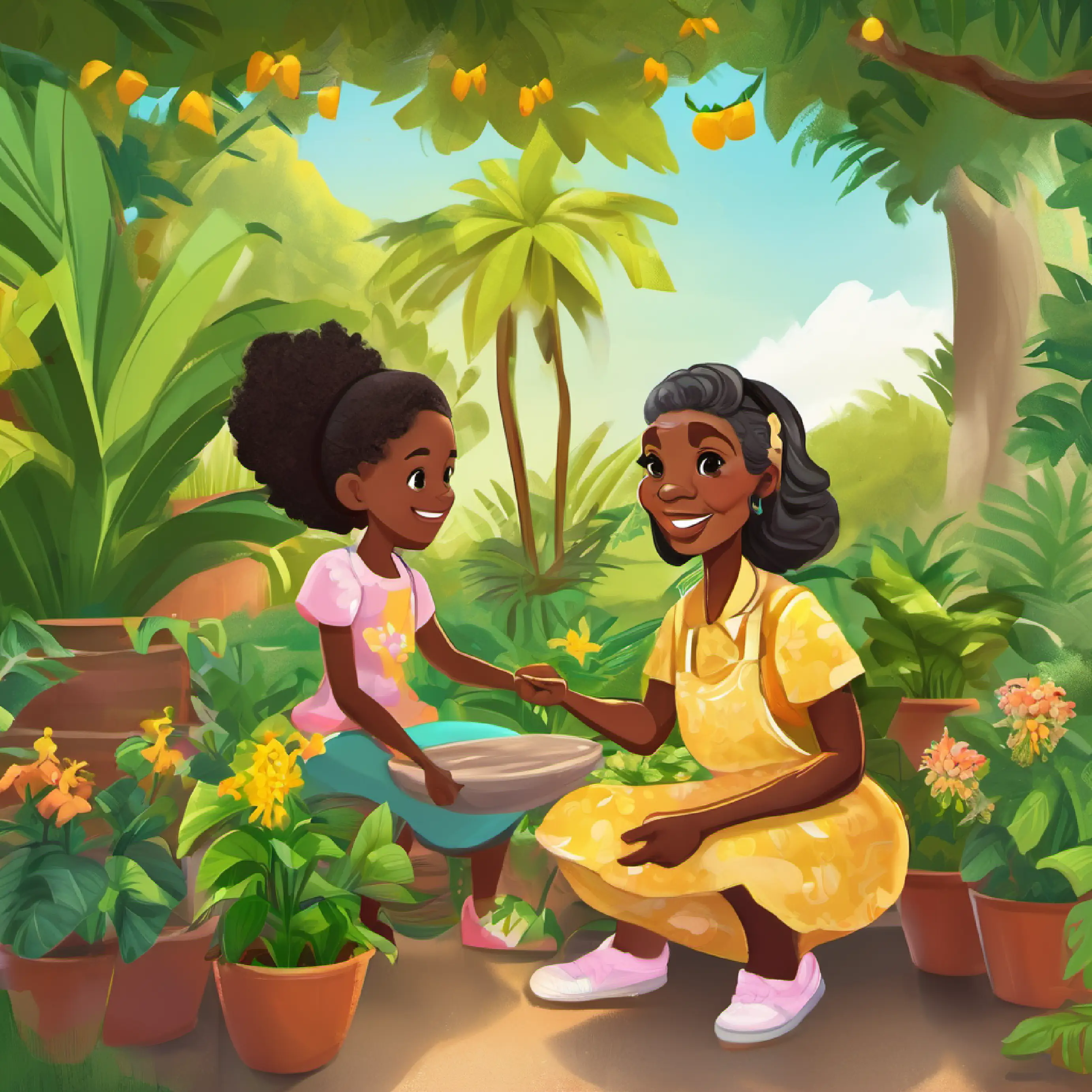 Brooklynn's Jamaican grandmother, wise, storyteller, loves gardening and Jamaica surprises 7-year-old girl, loves adventures with her Jamaican Brooklynn's Jamaican grandmother, wise, storyteller, loves gardening and Jamaica, full of joy with a Jamaican-themed garden project.