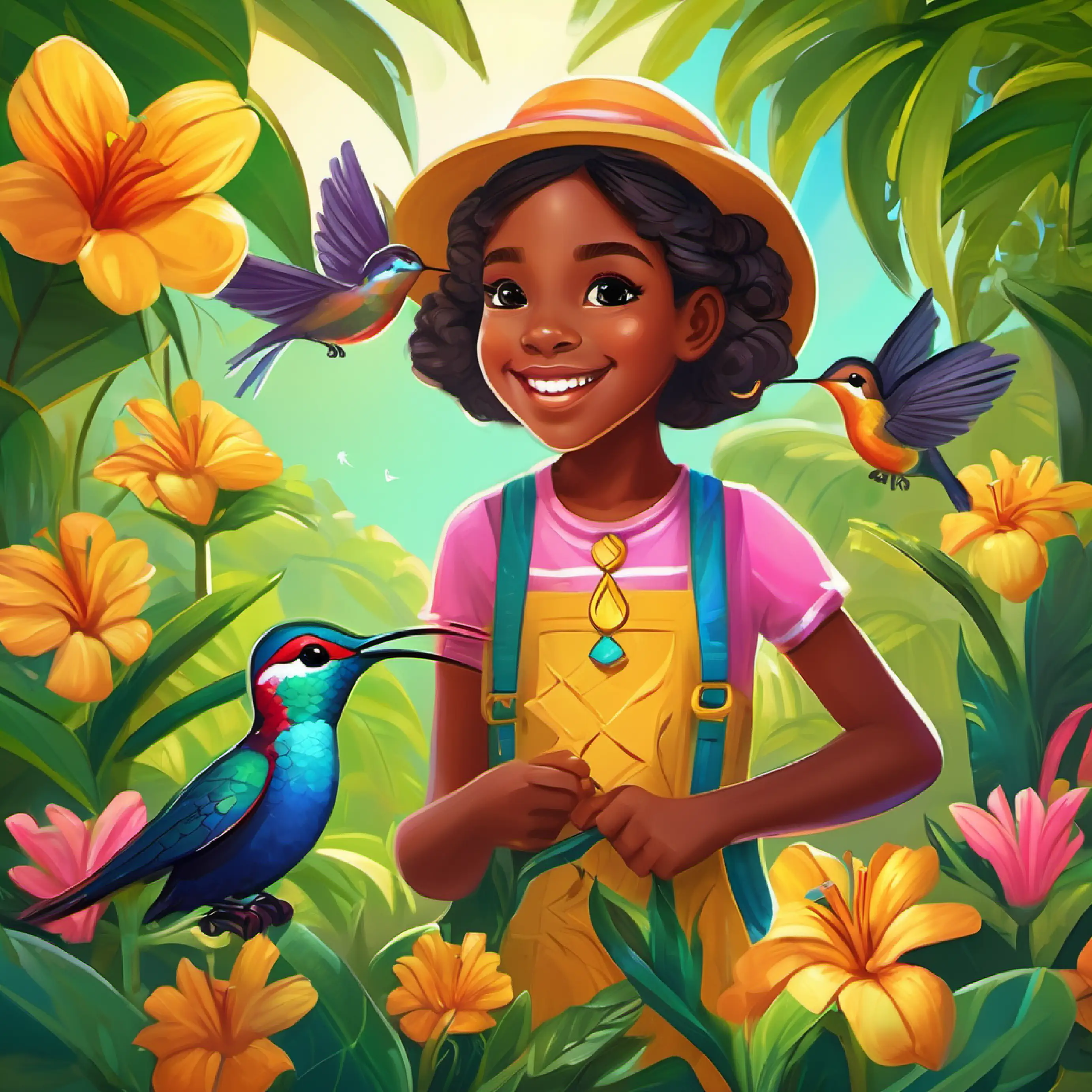 7-year-old girl, loves adventures with her Jamaican Glam Glam, full of joy's Jamaican grandmother, wise, storyteller, loves gardening and Jamaica shares stories of hummingbirds as they garden together.