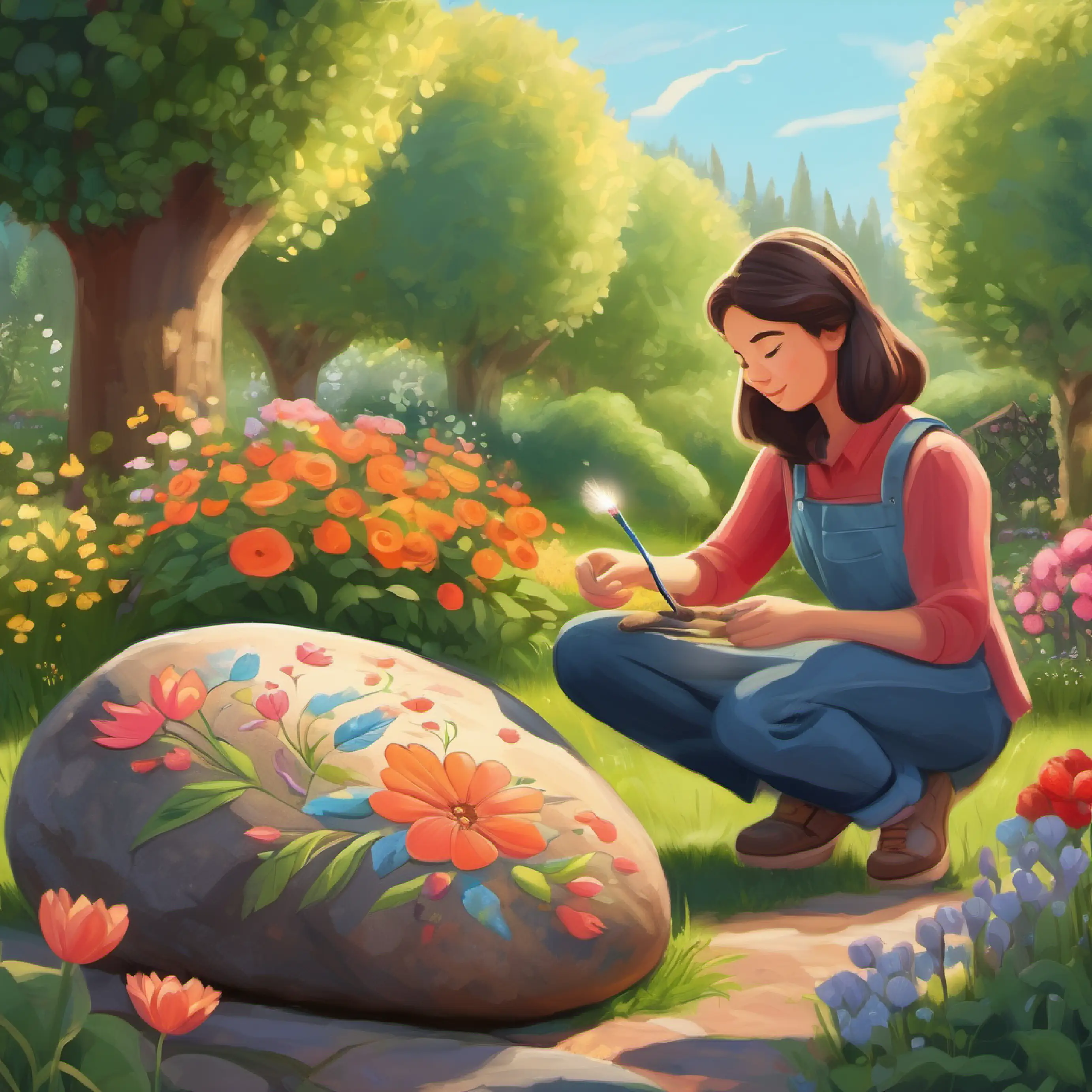 Final touches in the garden with a painted rock, expressing love.